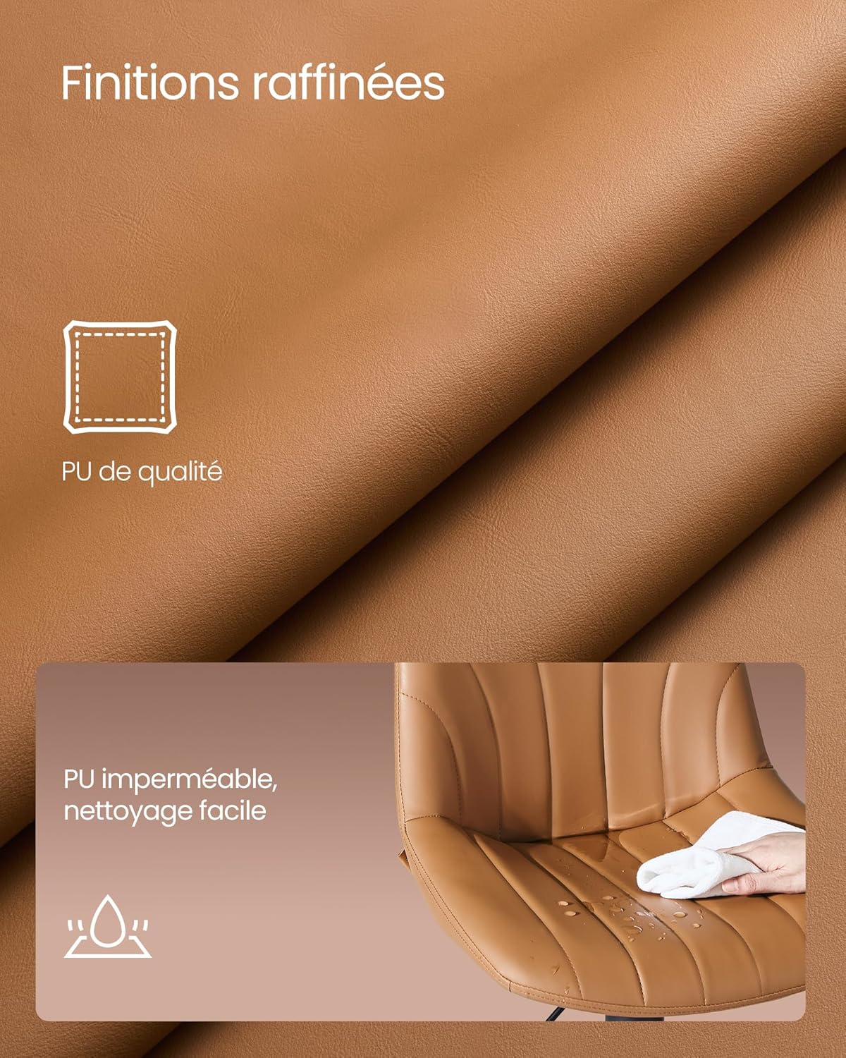 Thumbnail 4 de VASAGLE lot de 2 tabourets de bar avec dossier PU, hauteur réglable 60–80 cm et rotation 360° (LJB181KN01) marron caramel