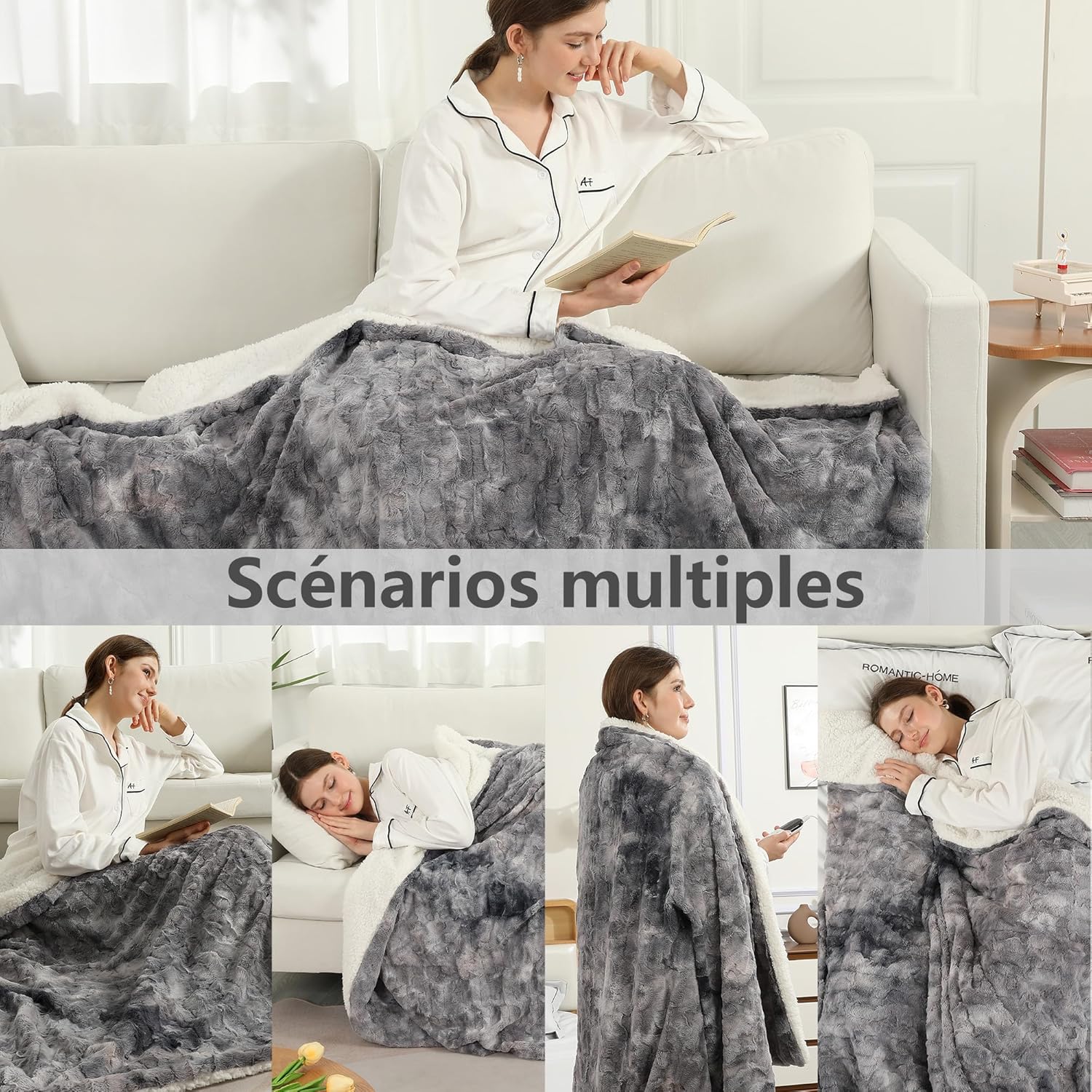 Thumbnail 2 de COZYTY Couverture Chauffante 130×180 cm en polaire tie-dye gris-noir, 6 niveaux de chaleur, minuterie 10 h