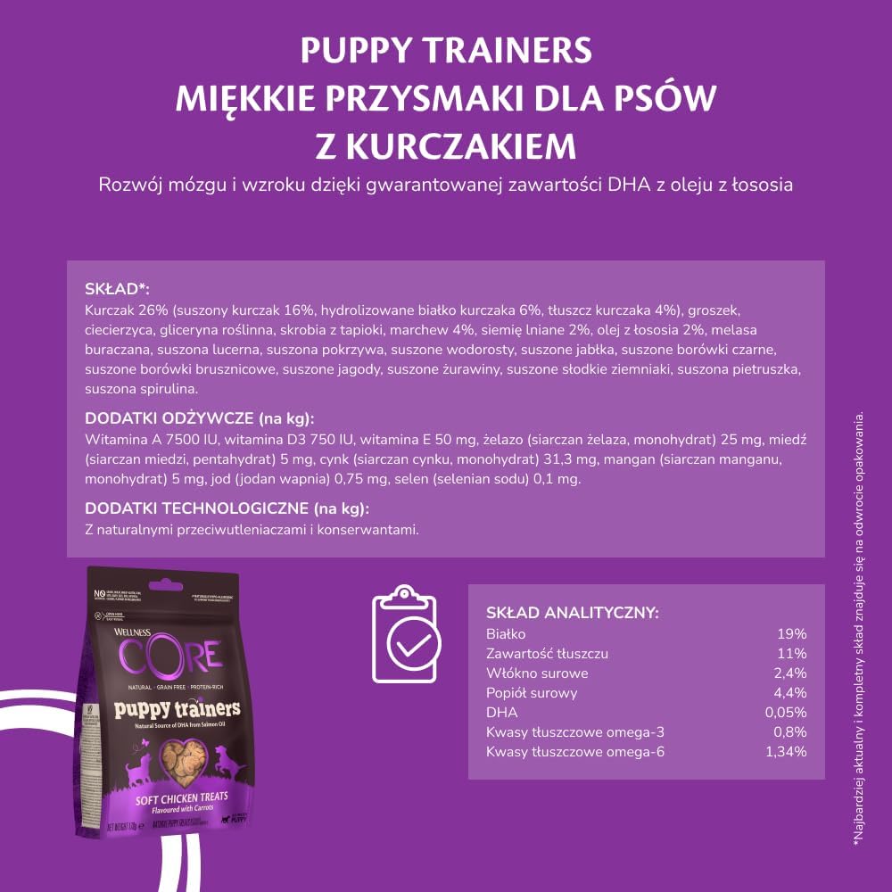 Detalle de Wellness CORE Puppy Trainers – przysmaki dla szczeniąt, kurczak i marchewka, 170 g