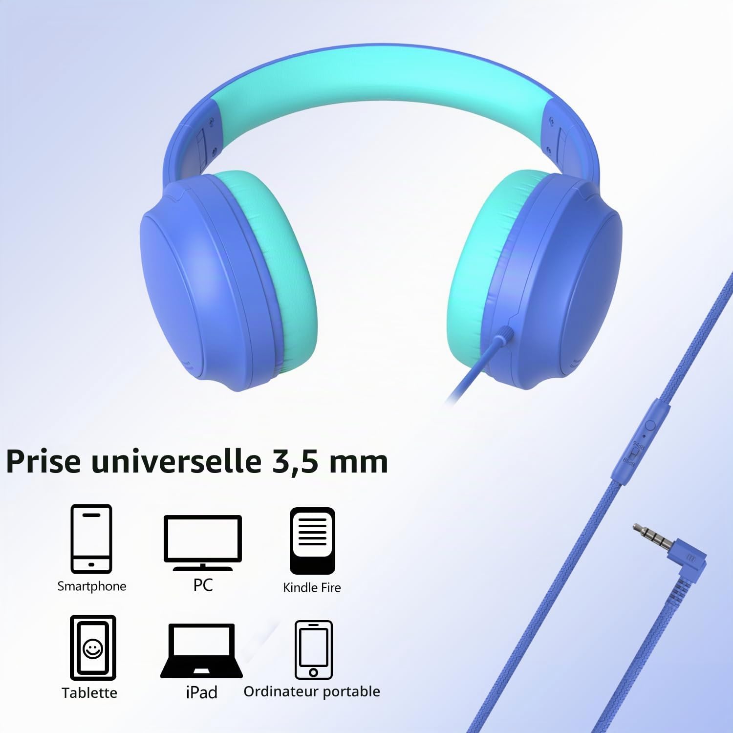 Detalle de Usoun BH-DR07 bedrade kinderhoofdtelefoon met microfoon, 85/94 dBA en 3,5mm-aansluiting