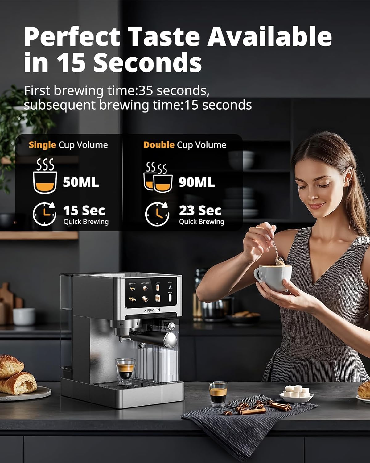 Detalle de AIRMSEN 20 Bar Espresso Machine with Automatic Milk Frother: Dual Boiler Convenience in Stainless Steel