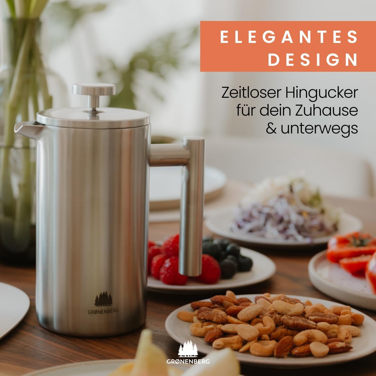 Detalle de Grønenberg French Press Thermo mit Warmhalte-Funktion aus Edelstahl – Kaffeebereiter in 3 Größen