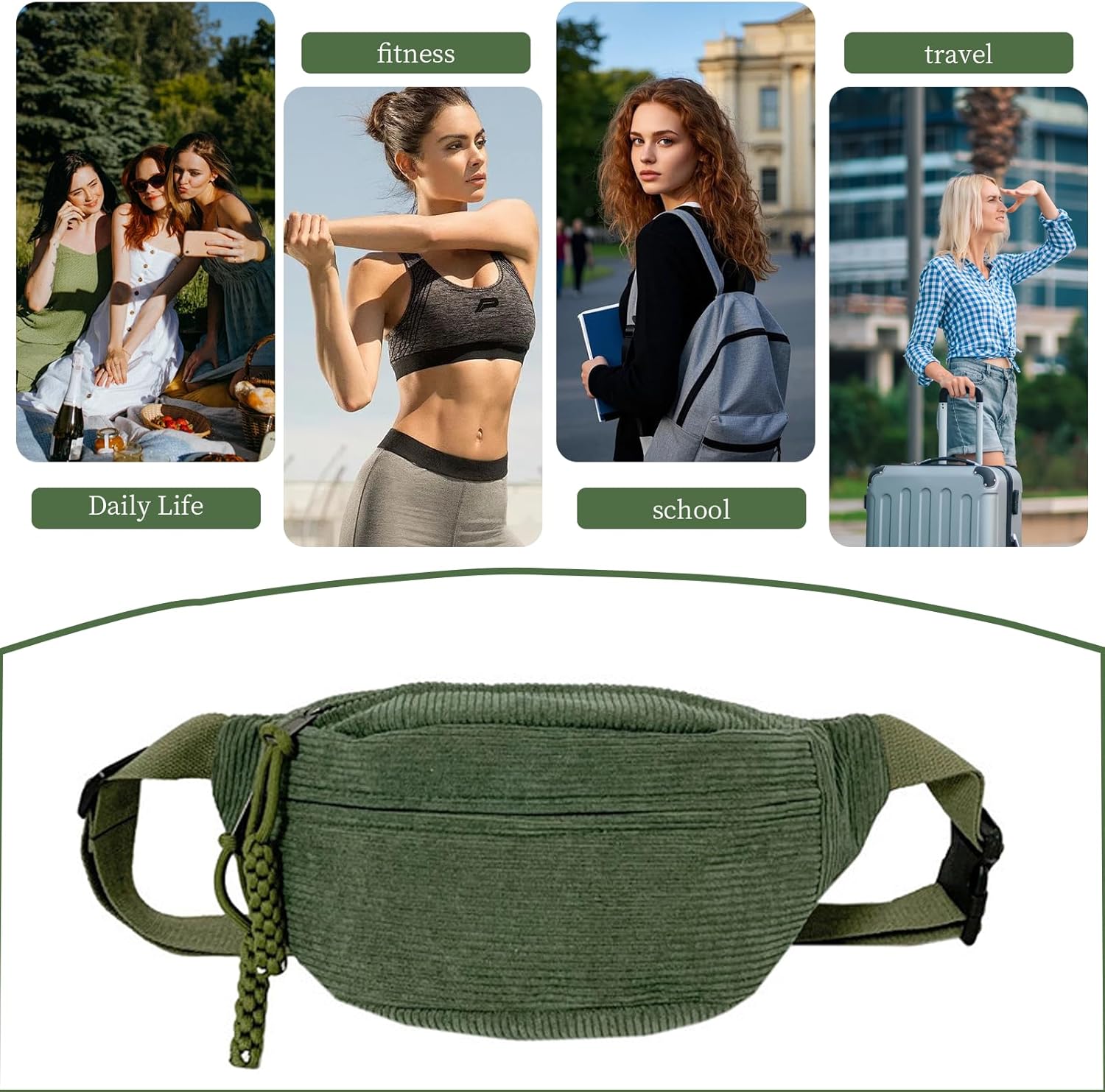 Thumbnail 6 de Cord Umhängetasche Damen – Grün, vielseitige Bauchtasche mit 34 × 15 × 11 cm