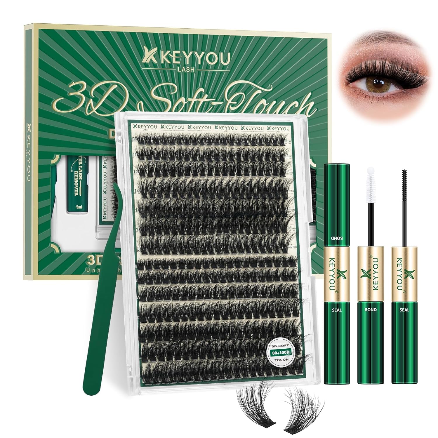 KEYYOU Lash Clusters Kit 80D100D Diy Individual Eyelash Extension Kit (Kit-8-16MIX) with 280 Pcs + Waterproof Lash Bond & Seal Tweezers