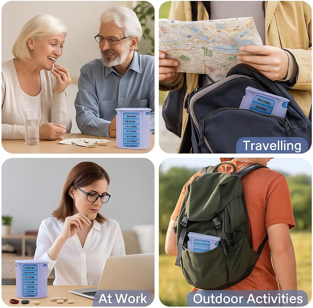 Detalle 2 de KAMACA 4er-Pack Pillendosierer für 28 Tage mit 4 Fächern pro Tag (4 Wochen) – weiß/blau