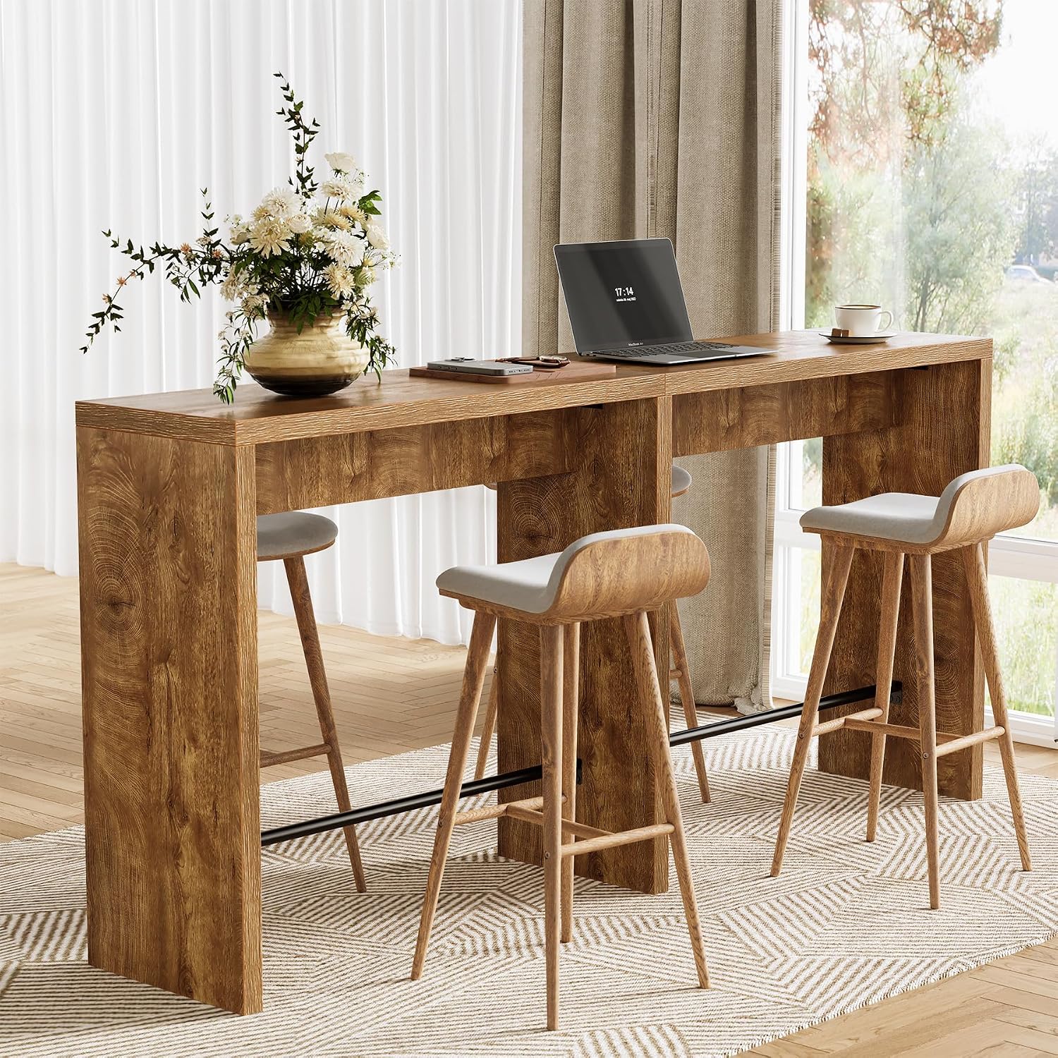 Detalle 2 de LITTLE TREE 78.74" Narrow Bar Table with Iron Footrest, Wood-Colour Top