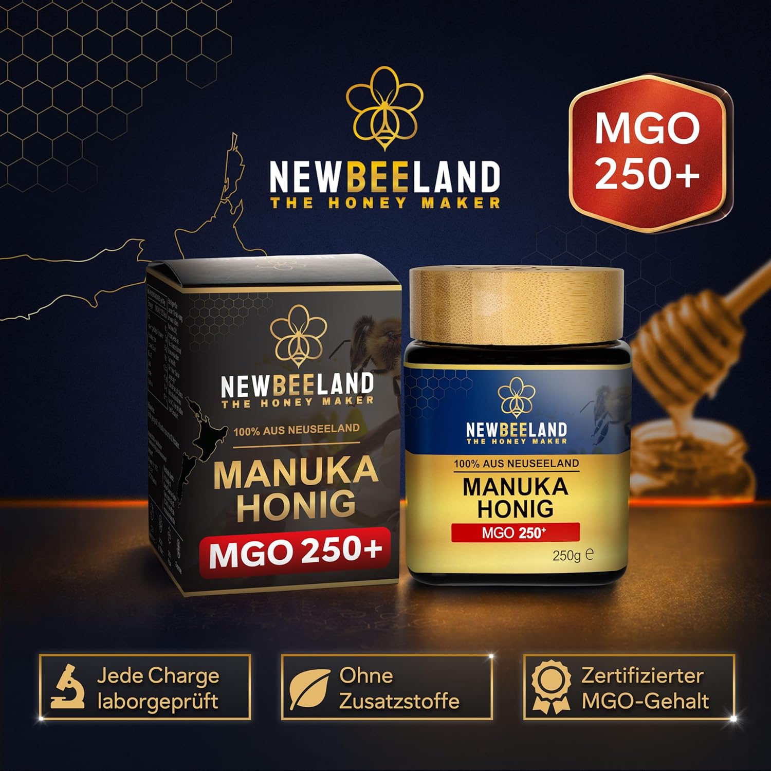 Detalle de Manuka Honig MGO 250+ 250 g von Newbeeland