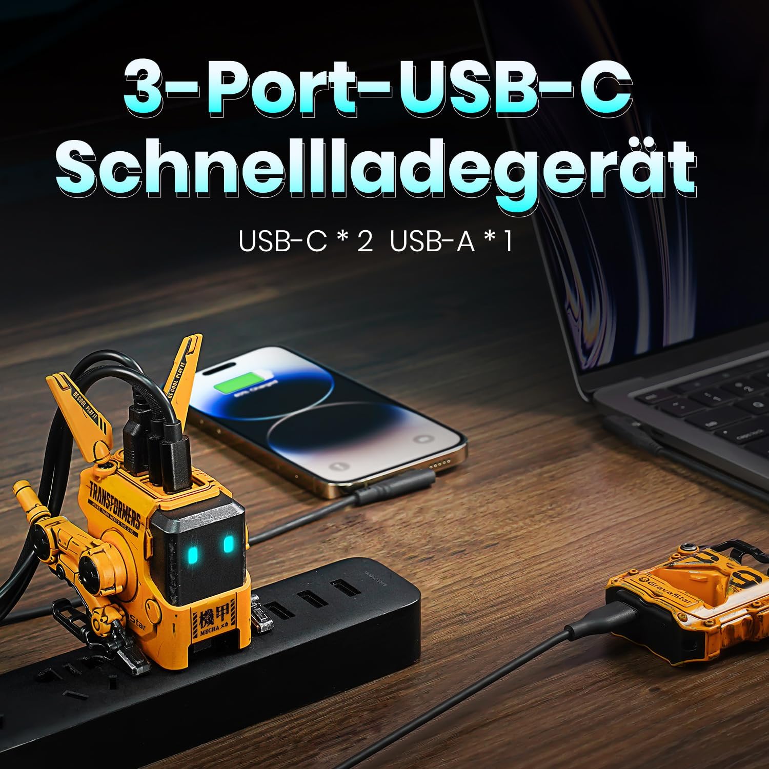 Detalle de GravaStar Alpha65 GaN USB-C Ladegerät 65W – futuristisches Mecha-Design, 3 Ports