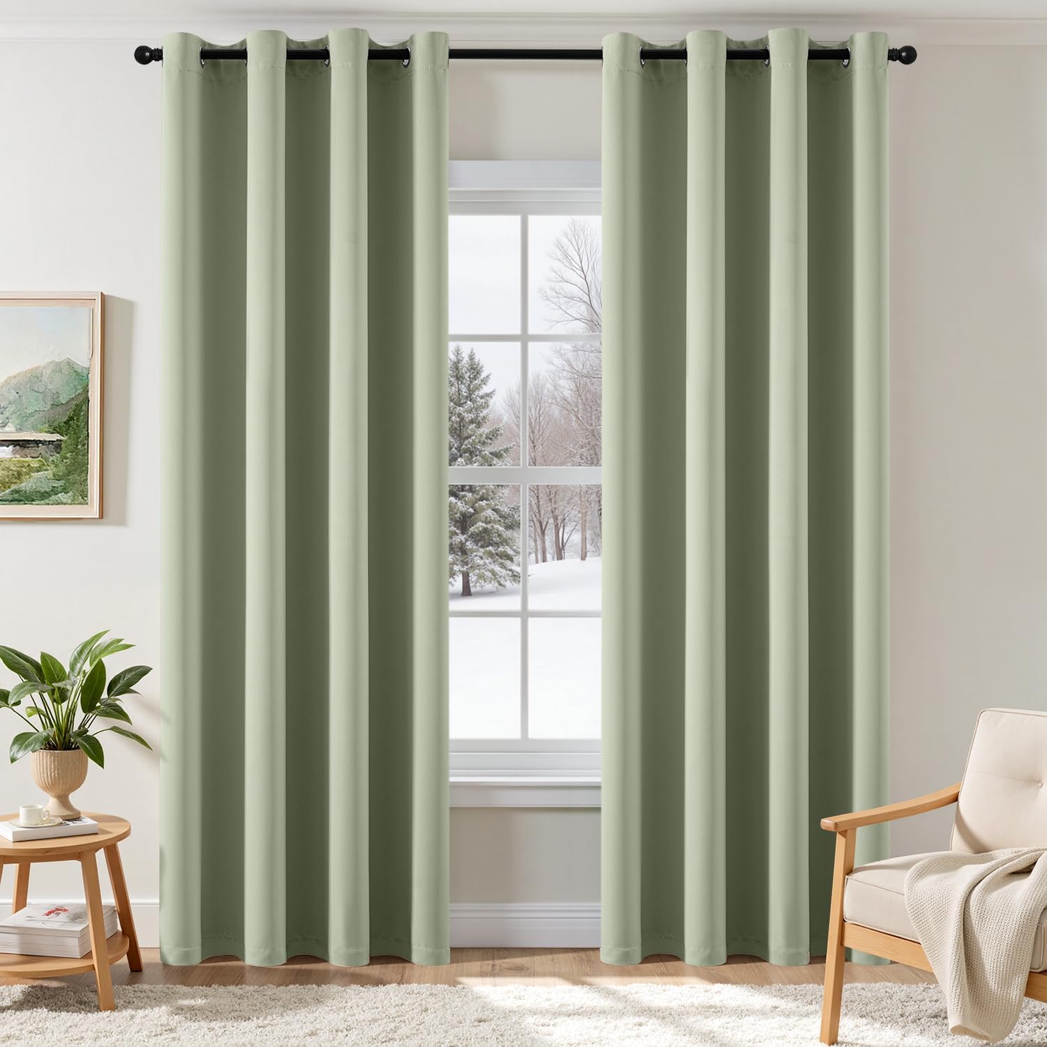 Detalle de EMEMA Verdunkelungsvorhänge Salbei Grün – 2er-Set, 225 cm x 140 cm, Ösen, blickdicht