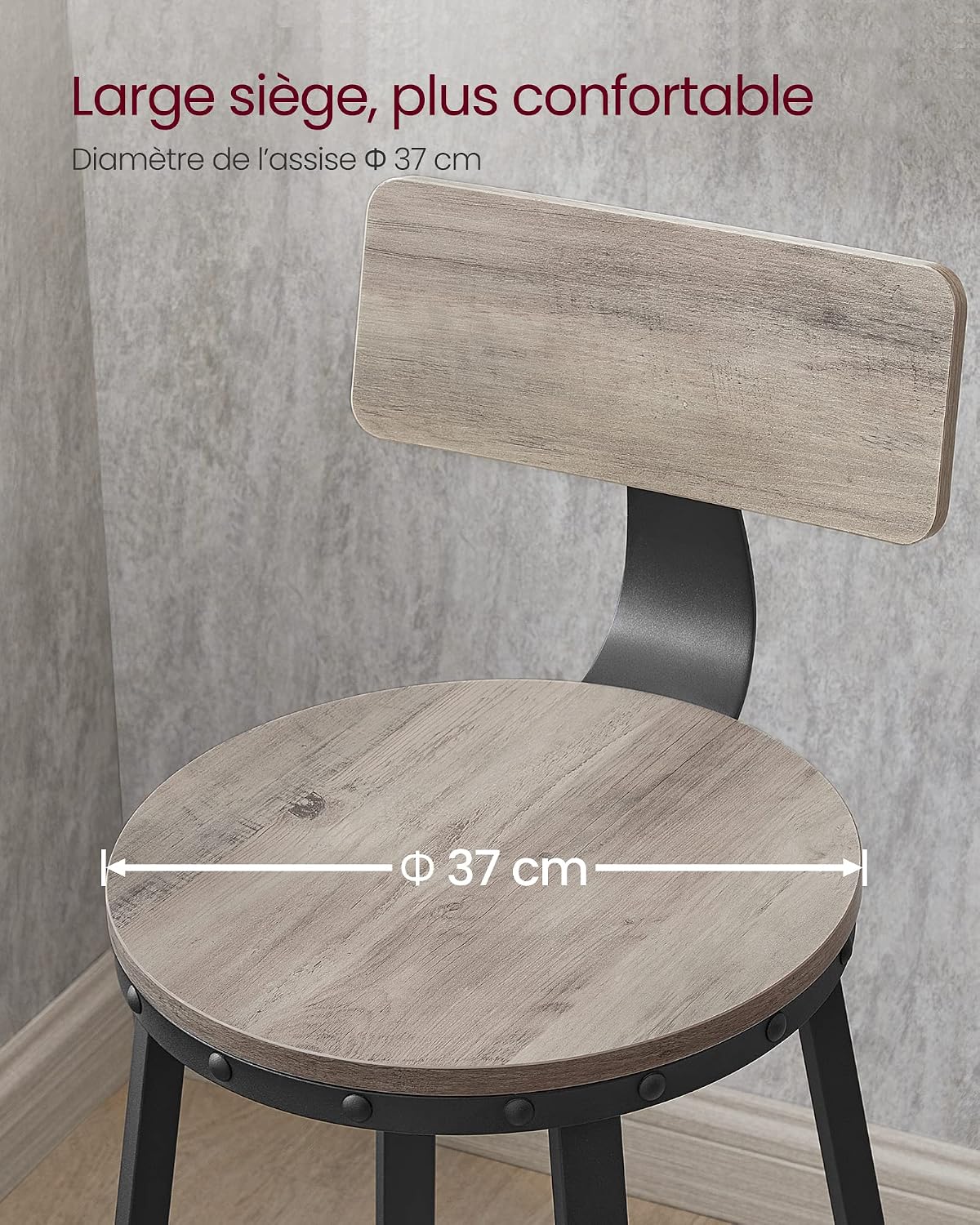 Detalle de VASAGLE Tabouret bar industriel lot de 2, siège 73,5 cm