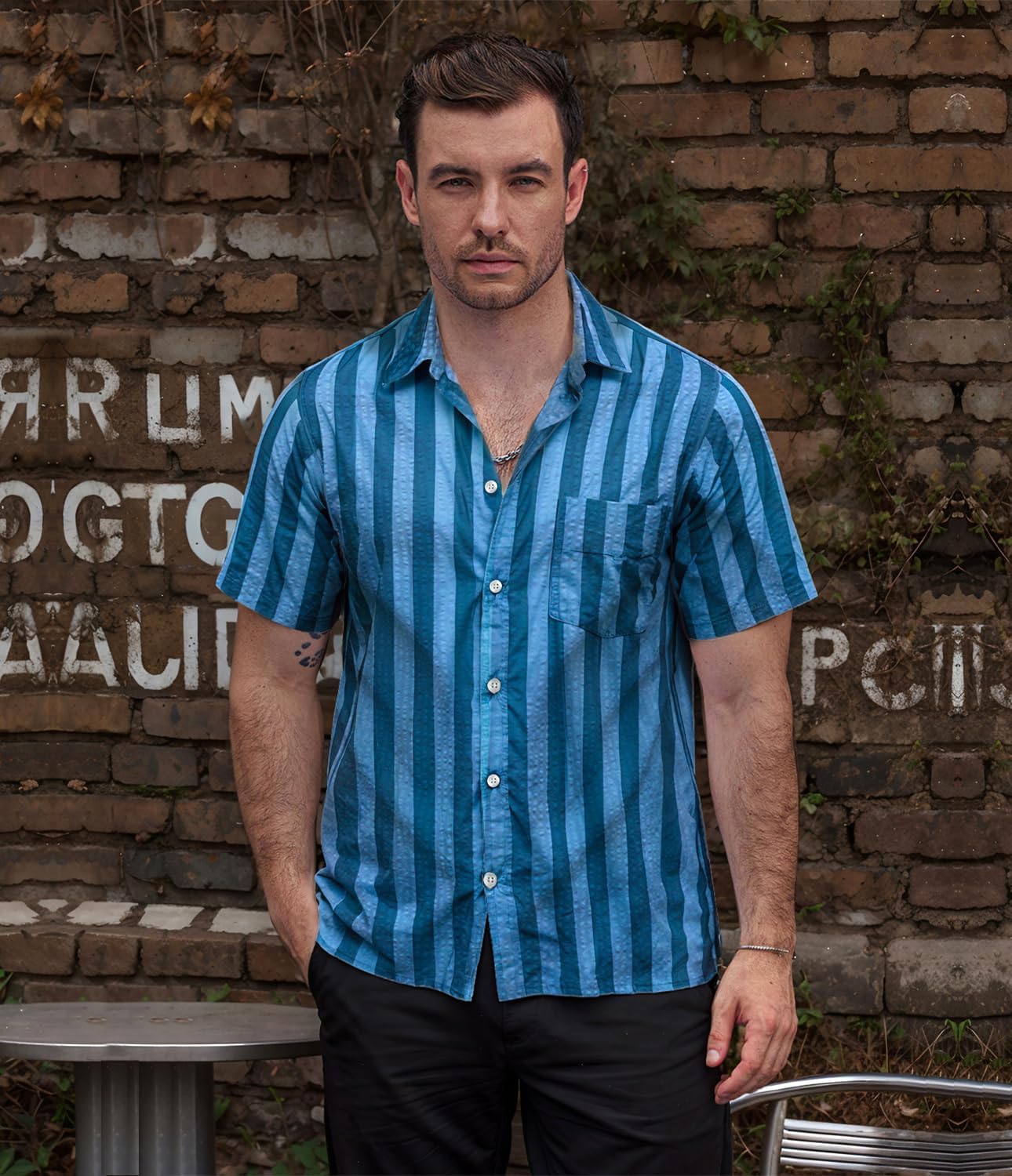 Detalle 2 de VATPAVE 25803529650362 Men's Striped Seersucker Button-Down Shirt