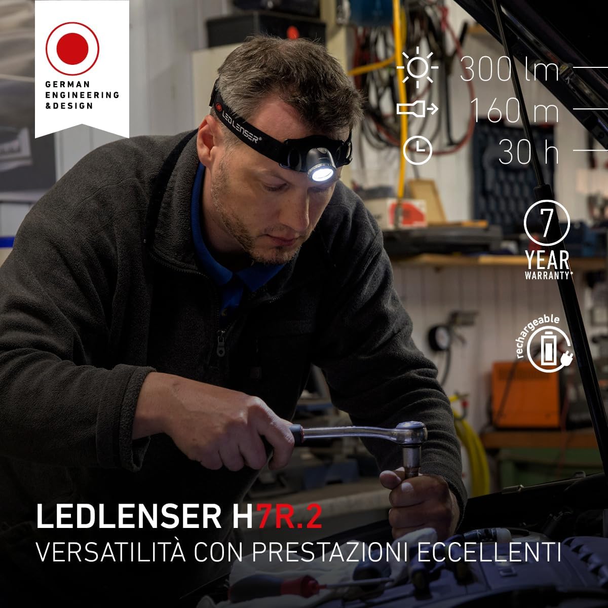 Detalle de Ledlenser H7R.2 – Frontale LED ricaricabile con doppia alimentazione e regolazione continua della luce