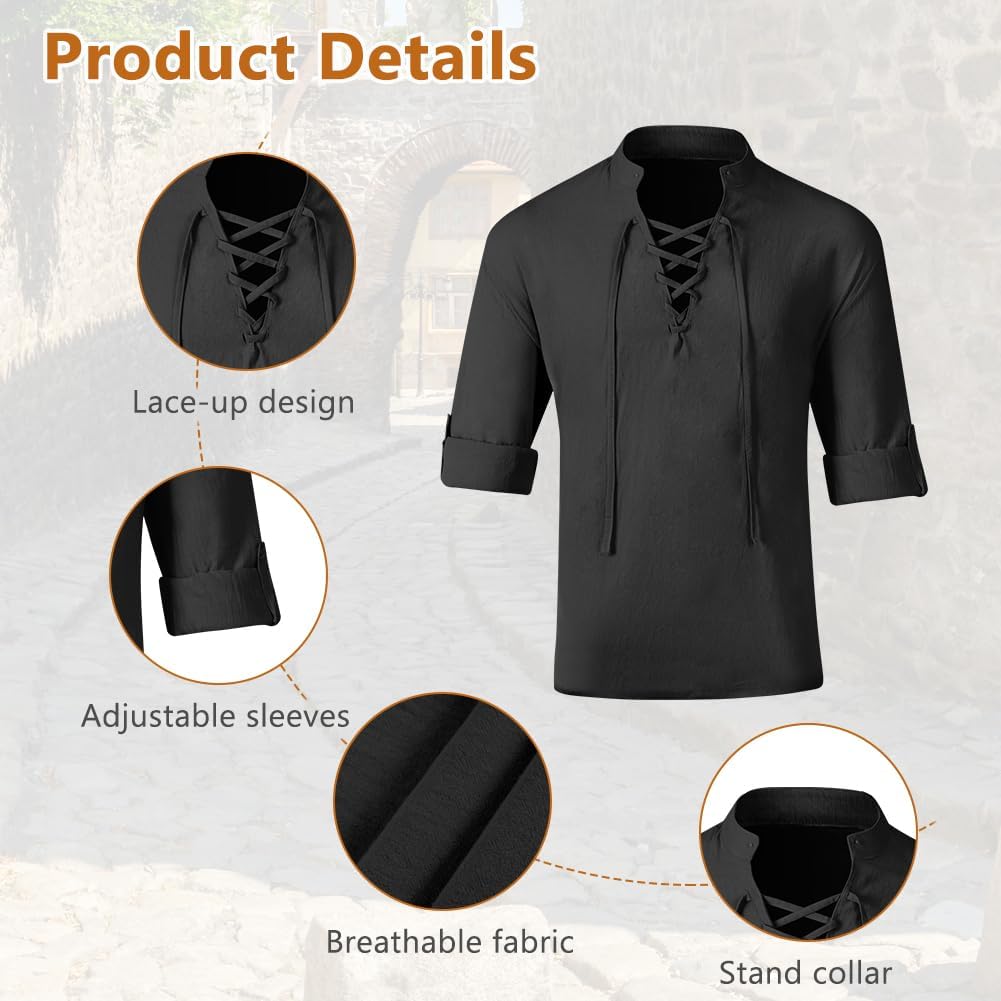 Detalle de BSBUY middeleeuws overhemd 2XL, 100% katoen, lange mouwen