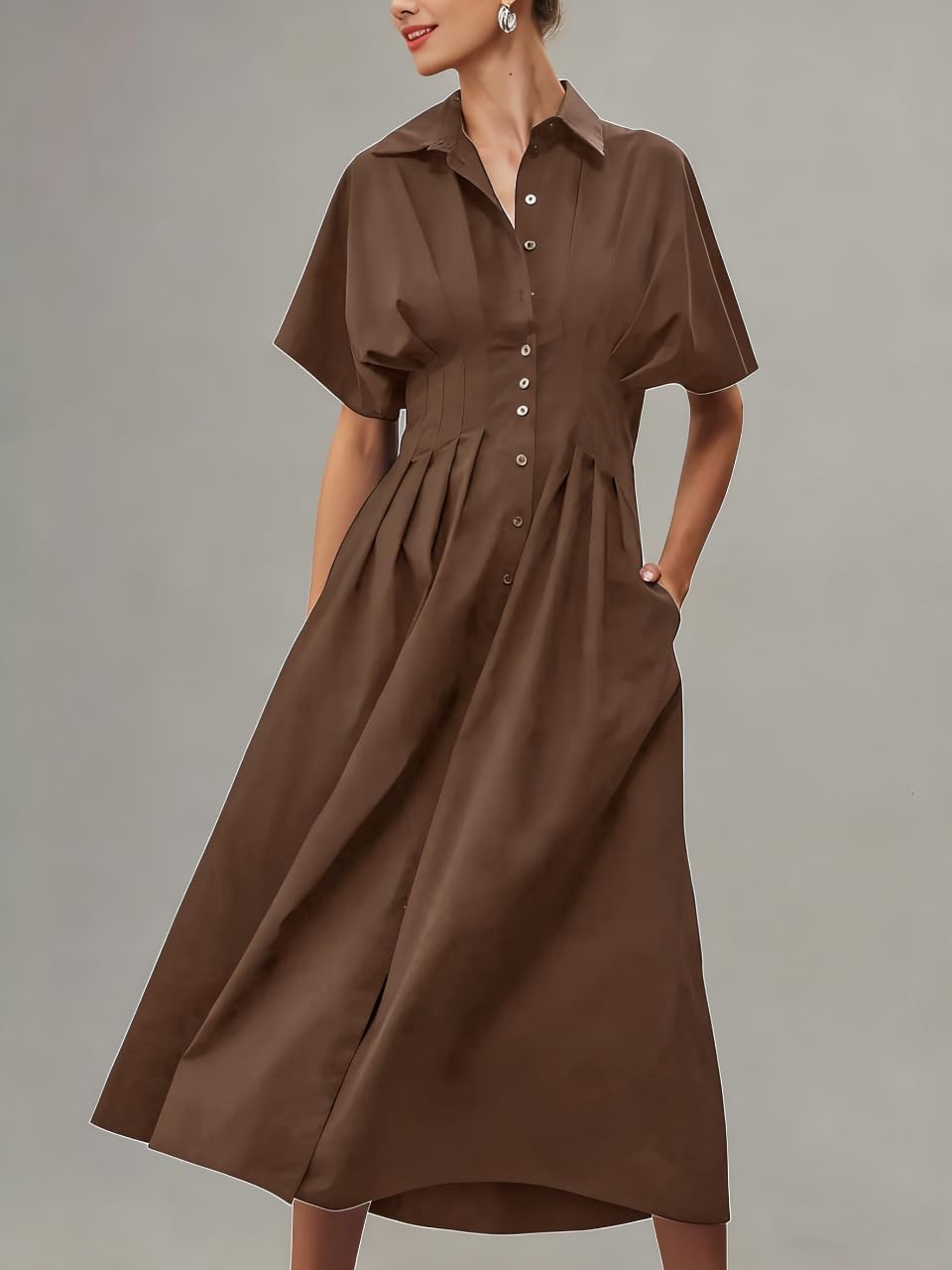 Thumbnail 1 de Yeokou Shirt Dress for Women: Pleated Maxi with Pockets, Summer Casual Button-Down
