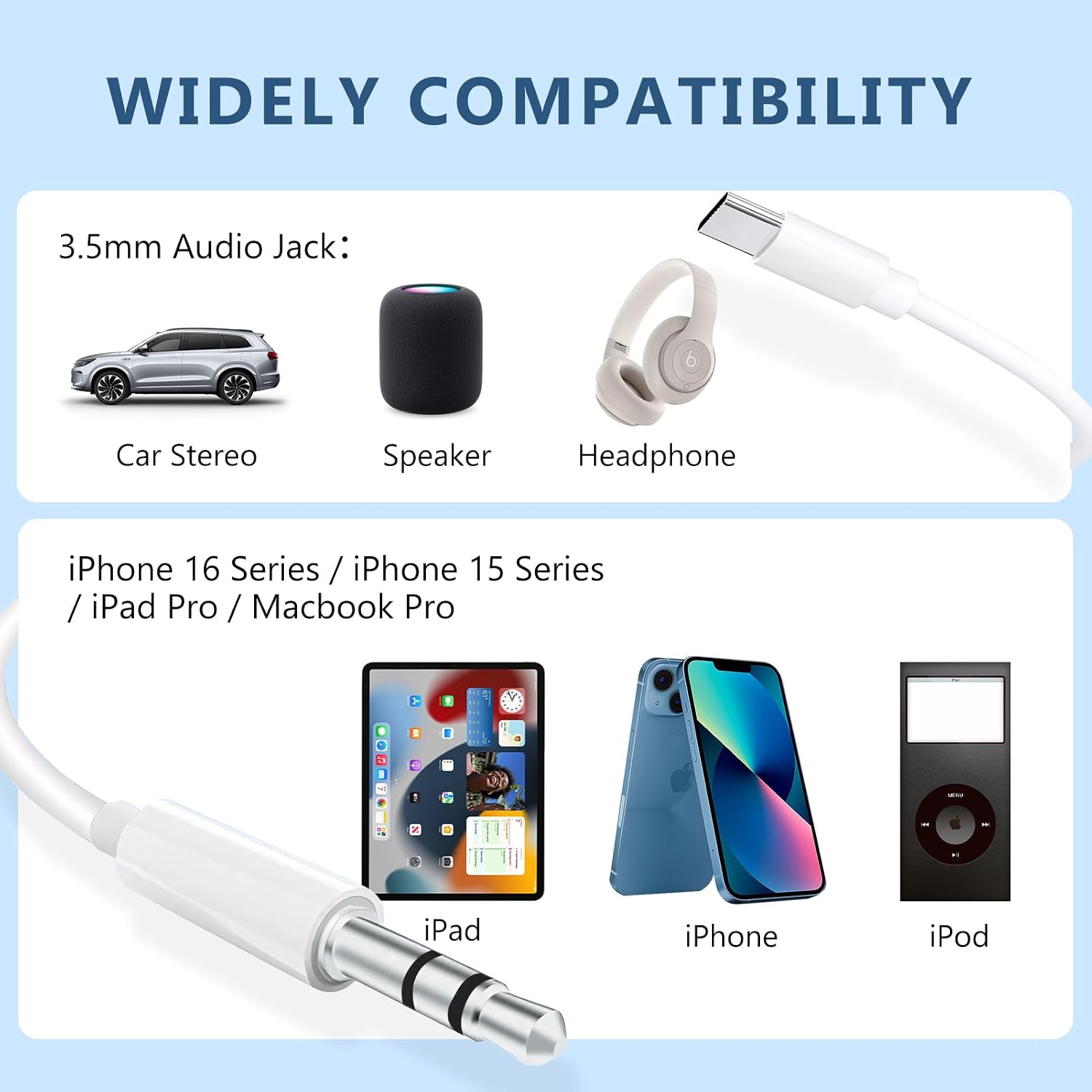 Detalle 2 de USB C to 3.5mm Aux Cable, 3.3 ft ⚡