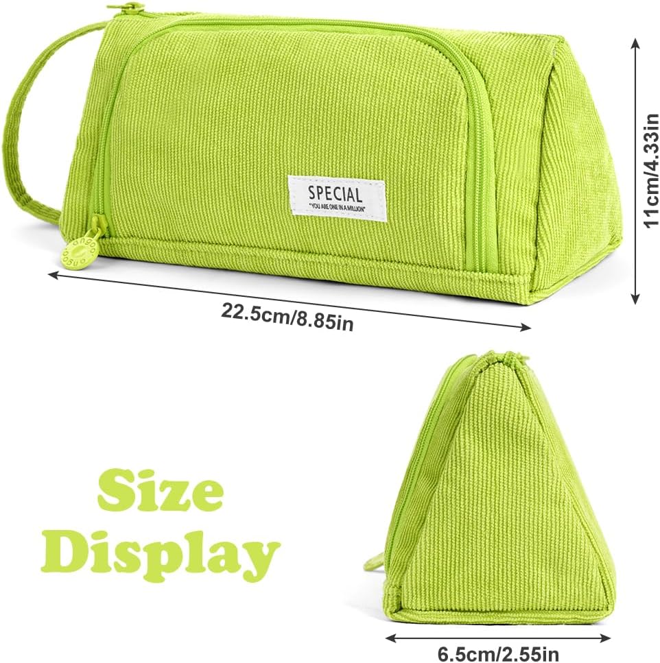 Detalle 2 de APXEL Grande trousse de papeterie en velours côtelé vert (grand modèle zippé)