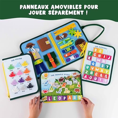 Detalle de BONNYCO Busy Board Montessori en feutre – Mallette d’activités pour motricité fine