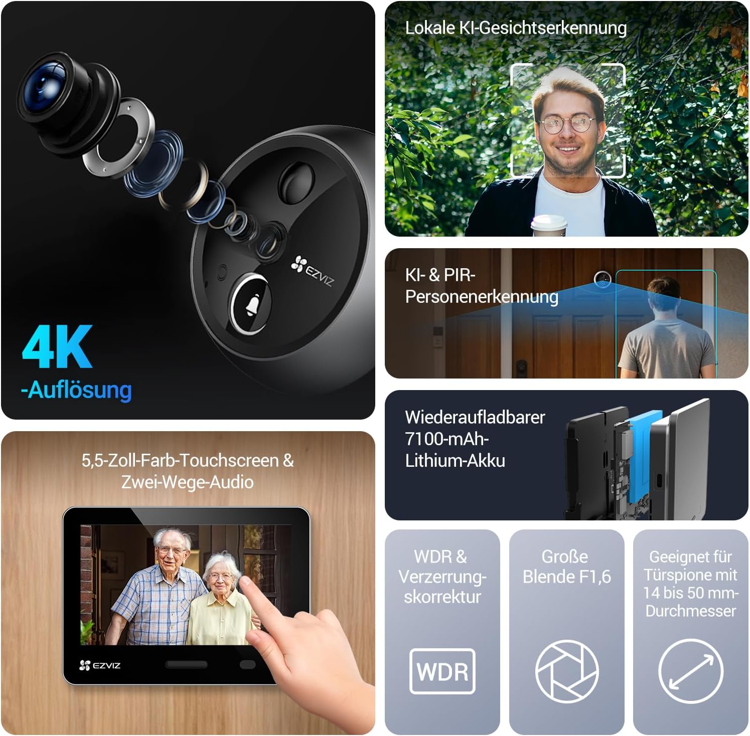 Detalle de EZVIZ 4K WLAN Türspion mit 5,5-Zoll-Farbbildschirm – kabellose Video-Türklingel mit KI-Personenerkennung
