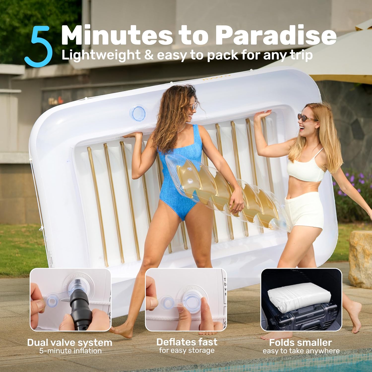 Detalle 2 de SLOOSH Inflatable Adult Tanning Pool Lounger with Pillow – XL 216 x 145 cm (85 x 57 in) in Gold/White