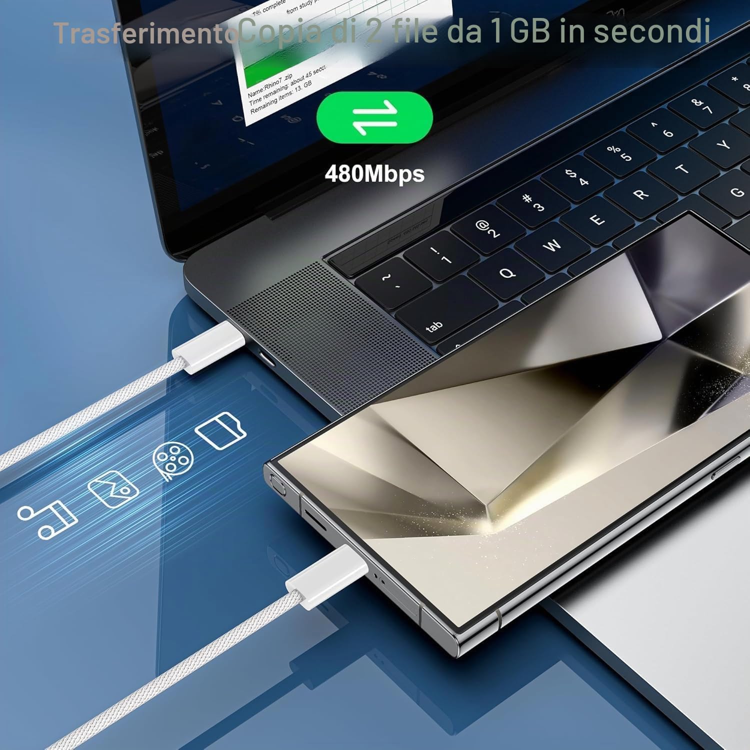Detalle de NIBIKIA 100W Cavo USB-C 1M+1M: ricarica rapida in nylon, 2 lunghezze integrate