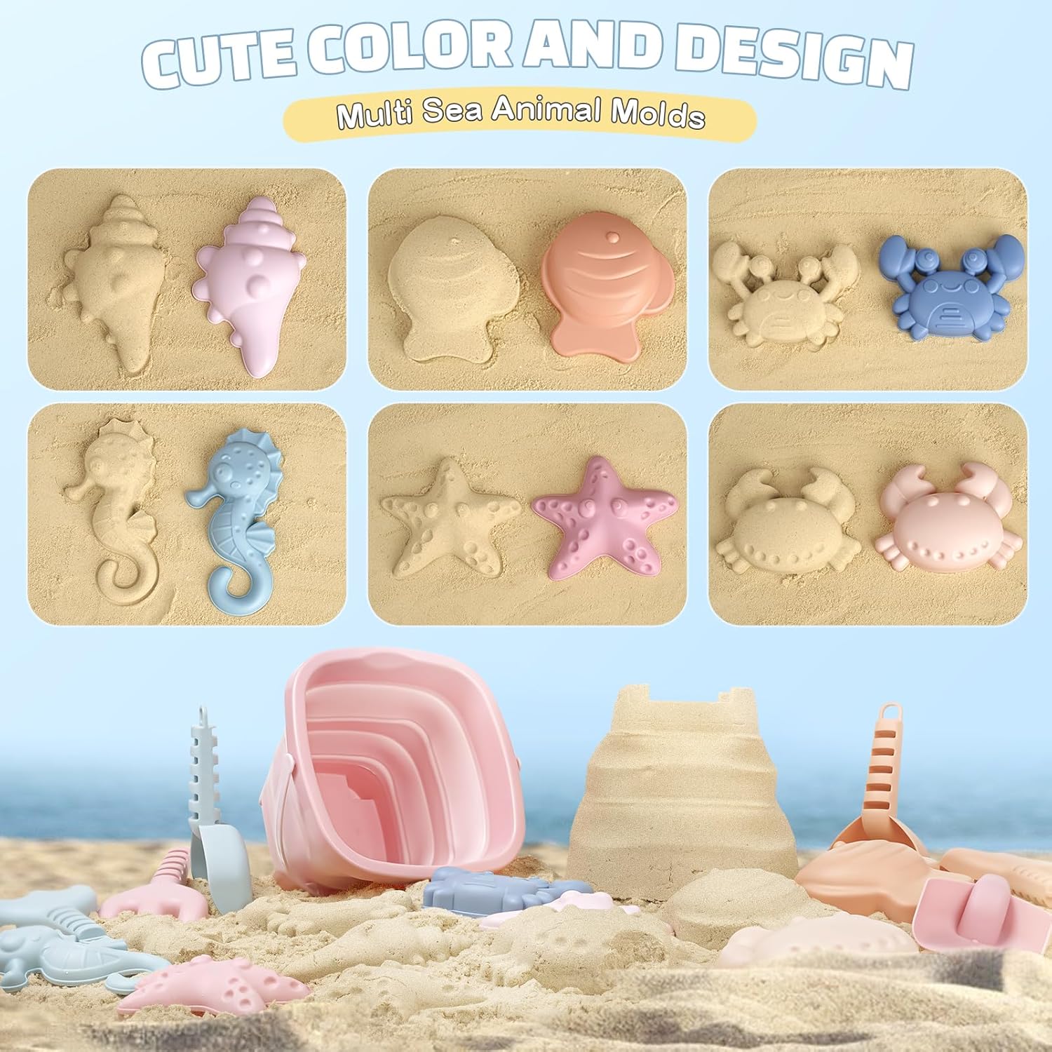 Thumbnail 3 de Dreamon Beach Toys Set for Kids (Ages 3–10) with Collapsible Sand Buckets, Molds, Shovels & Mesh Bag