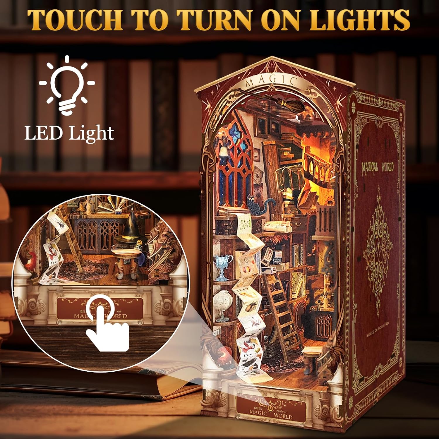 Detalle de RONSTONE Magische Wereld Book Nook Kit – houten 3D-puzzel met ledlicht en stofhoes