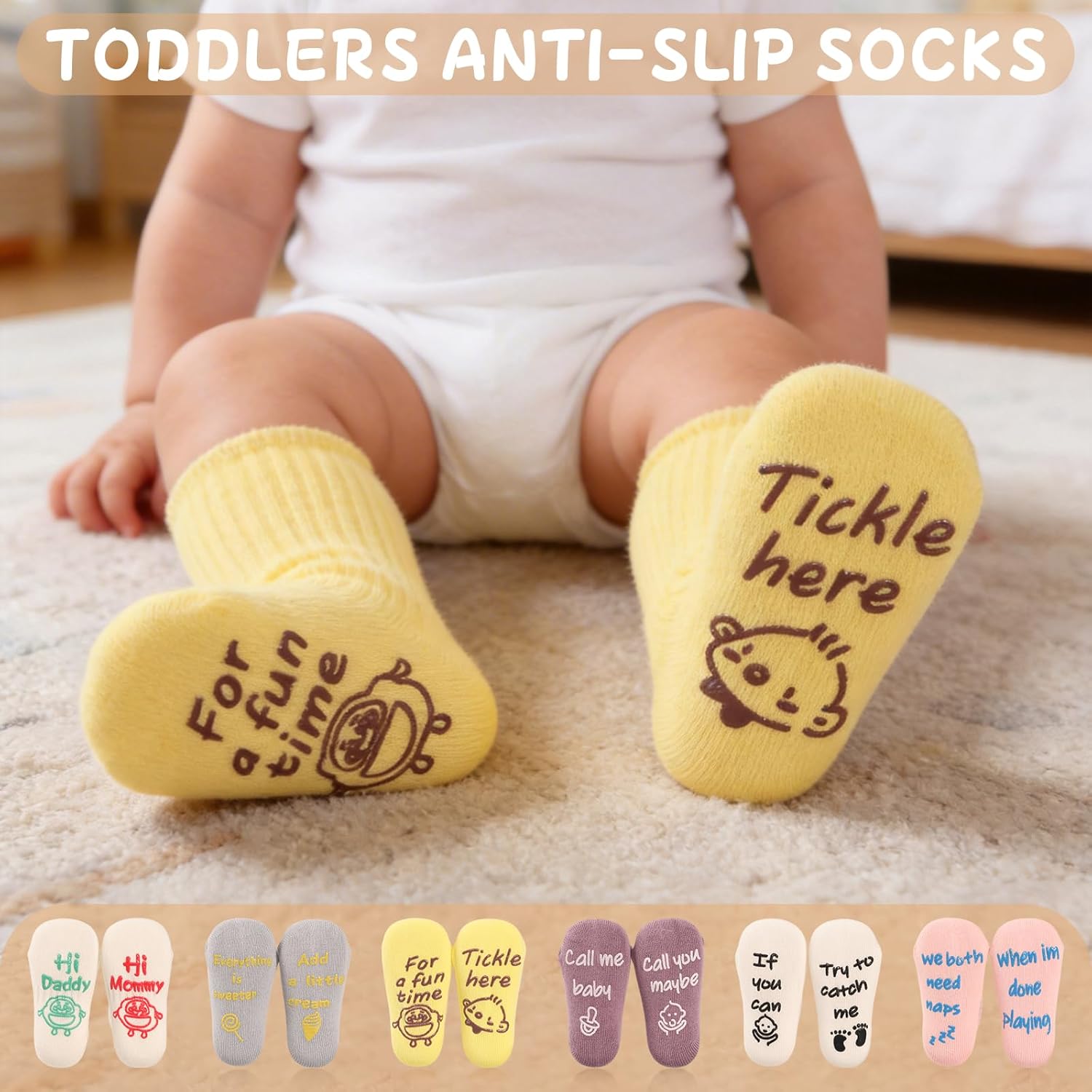 Detalle de October Elf 6 Pairs Baby Grip Socks: Non-Slip Cotton Baby Socks for 0–12 Months