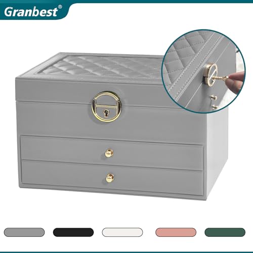 Detalle de Granbest Boîte à bijoux à 3 niveaux avec 2 tiroirs – Coffret cuir Gris