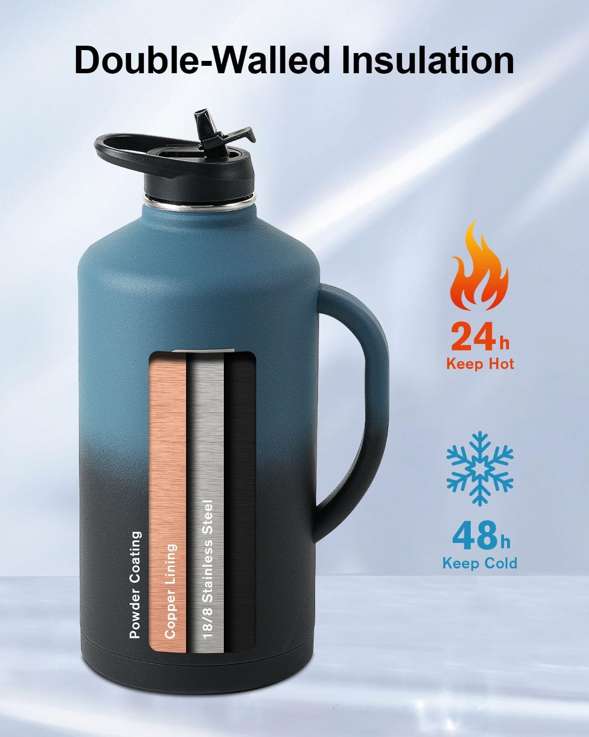 Thumbnail 1 de Trebo 3.8 L Insulated Water Bottle with Handle (Indigo Black) – 64 oz Stainless Steel Jug