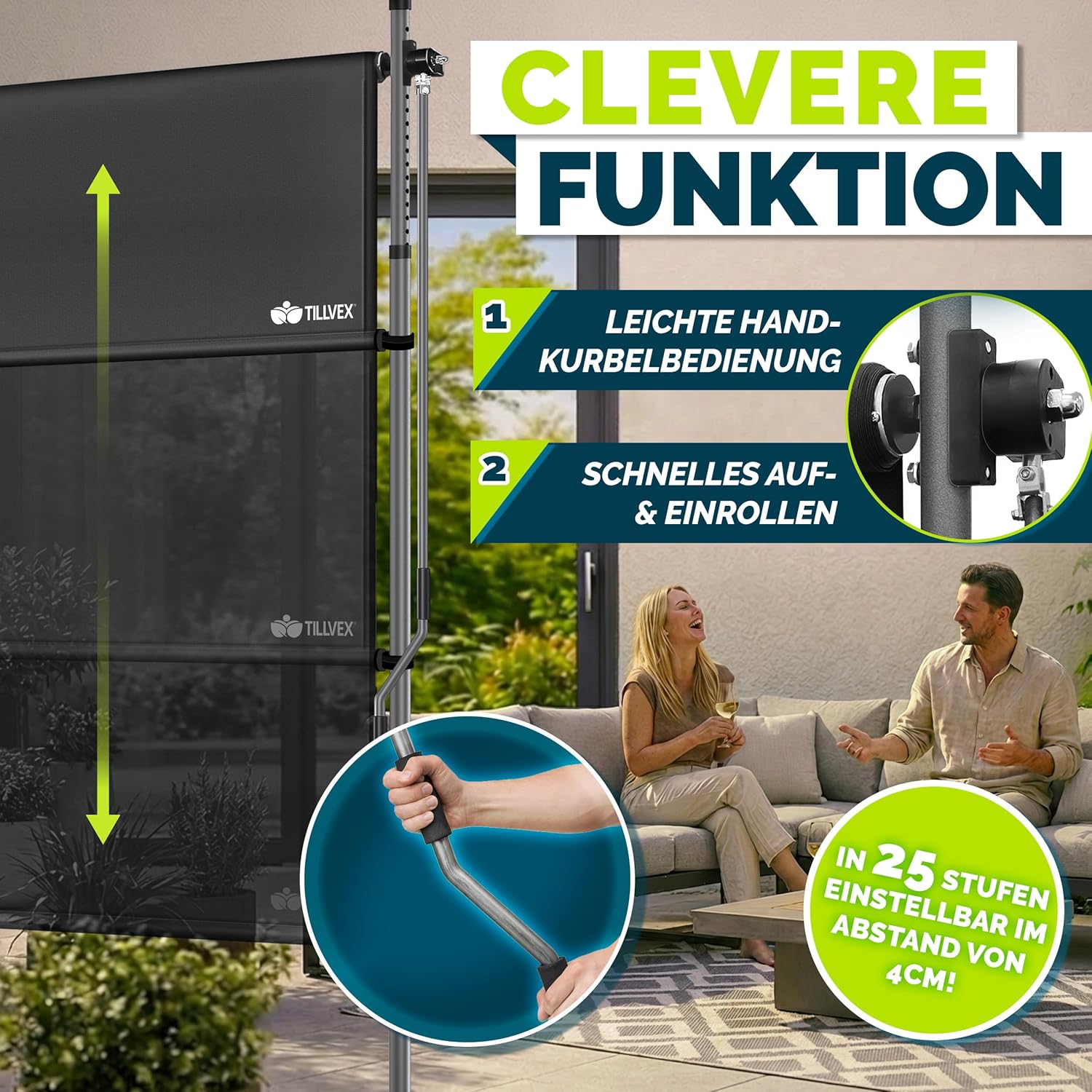 Thumbnail 4 de tillvex® Klemmmarkise Senkrechtmarkise mit Handkurbel (ohne Bohren) – anthrazit, 150 x 310 cm