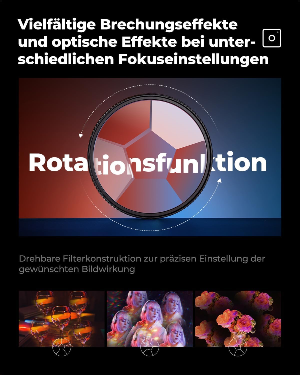 Thumbnail 5 de K&F CONCEPT 82mm Prisma-Kaleidoskop-Filter mit Zentral-Hexagon-Effekt (Nano-B, Optisches Glas K9)