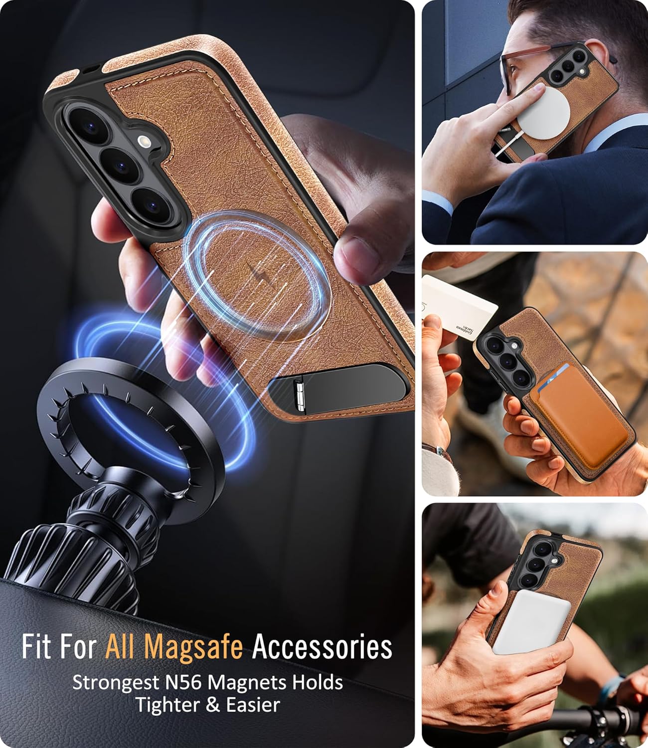 Thumbnail 1 de Fingic Galaxy S26 Case with Magnetic Compatibility, Leather Kickstand & Screen Protector (Brown, 6.3 inch)