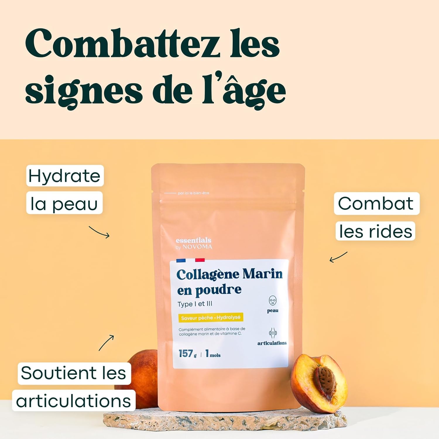 Thumbnail 1 de Collagene Marin Type 1 & 3 Essentials by Novoma (saveur pêche) — poudre hydrolysée à peptides 2000 DA