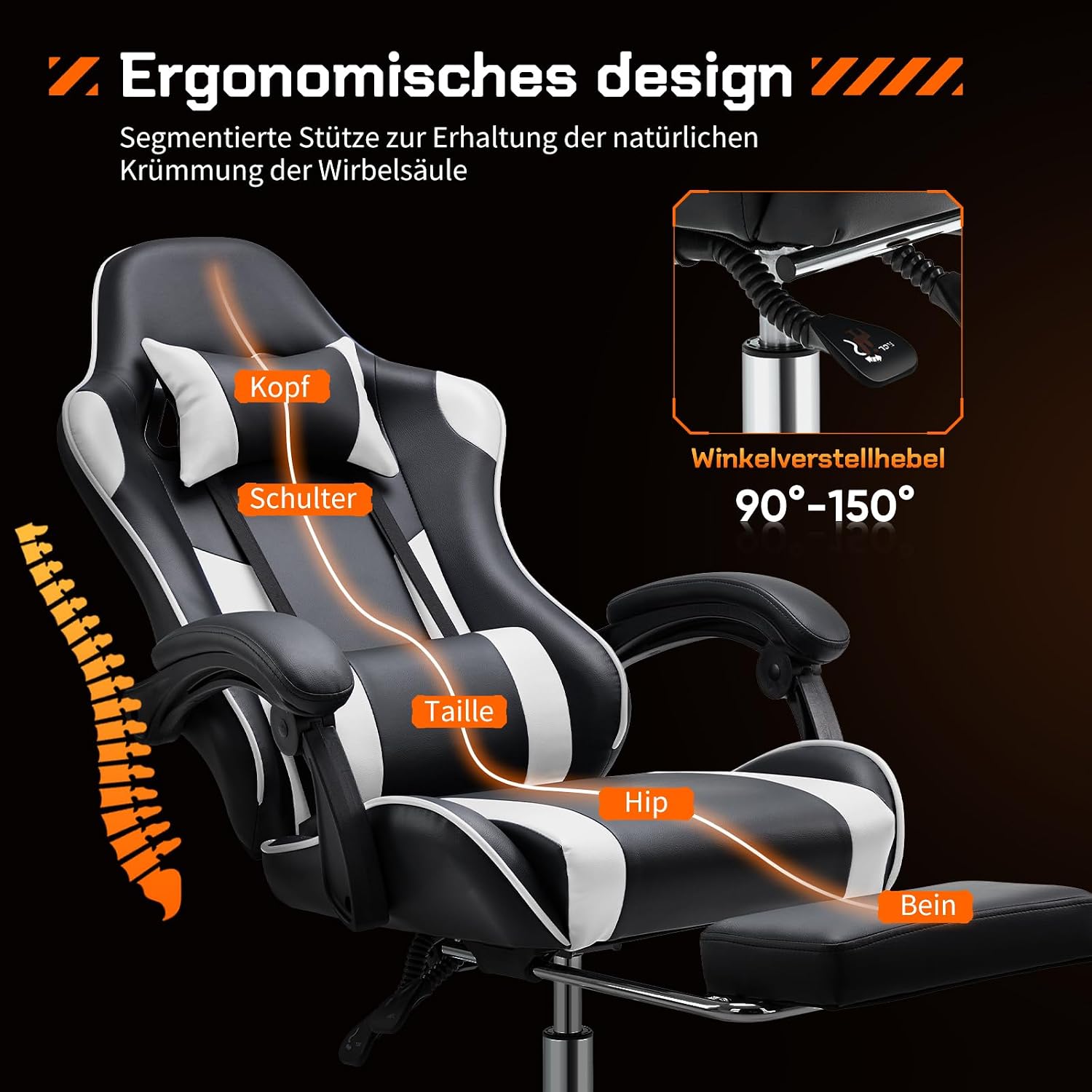 Detalle de Sweetcrispy Gaming Stuhl – Ergonomischer Bürostuhl mit Fußstütze und verstellbarer Rückenlehne (90–150°)
