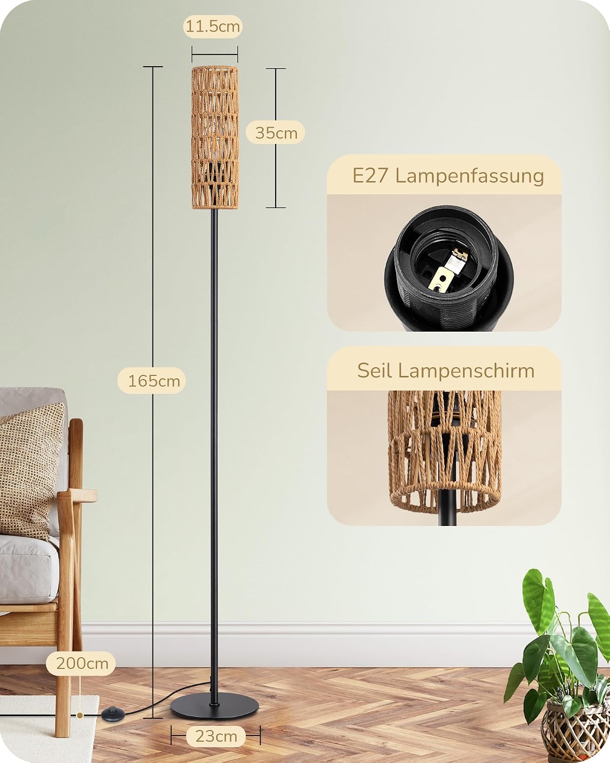 Detalle de EDISHINE Stehlampe fürs Wohnzimmer mit gewebtem Seil-Lampenschirm (2700K, E27), Höhe 165 cm
