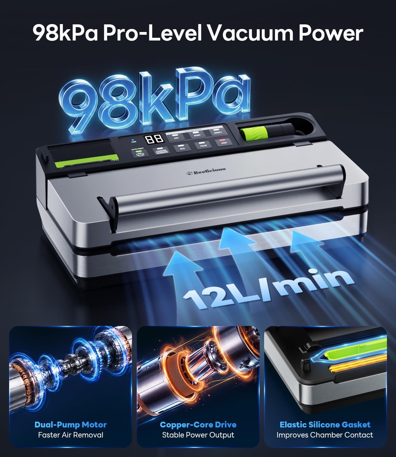 Thumbnail 4 de Beelicious Pro VSP801 Smart Vacuum Sealer, 98kPa Dual-Pump Suction