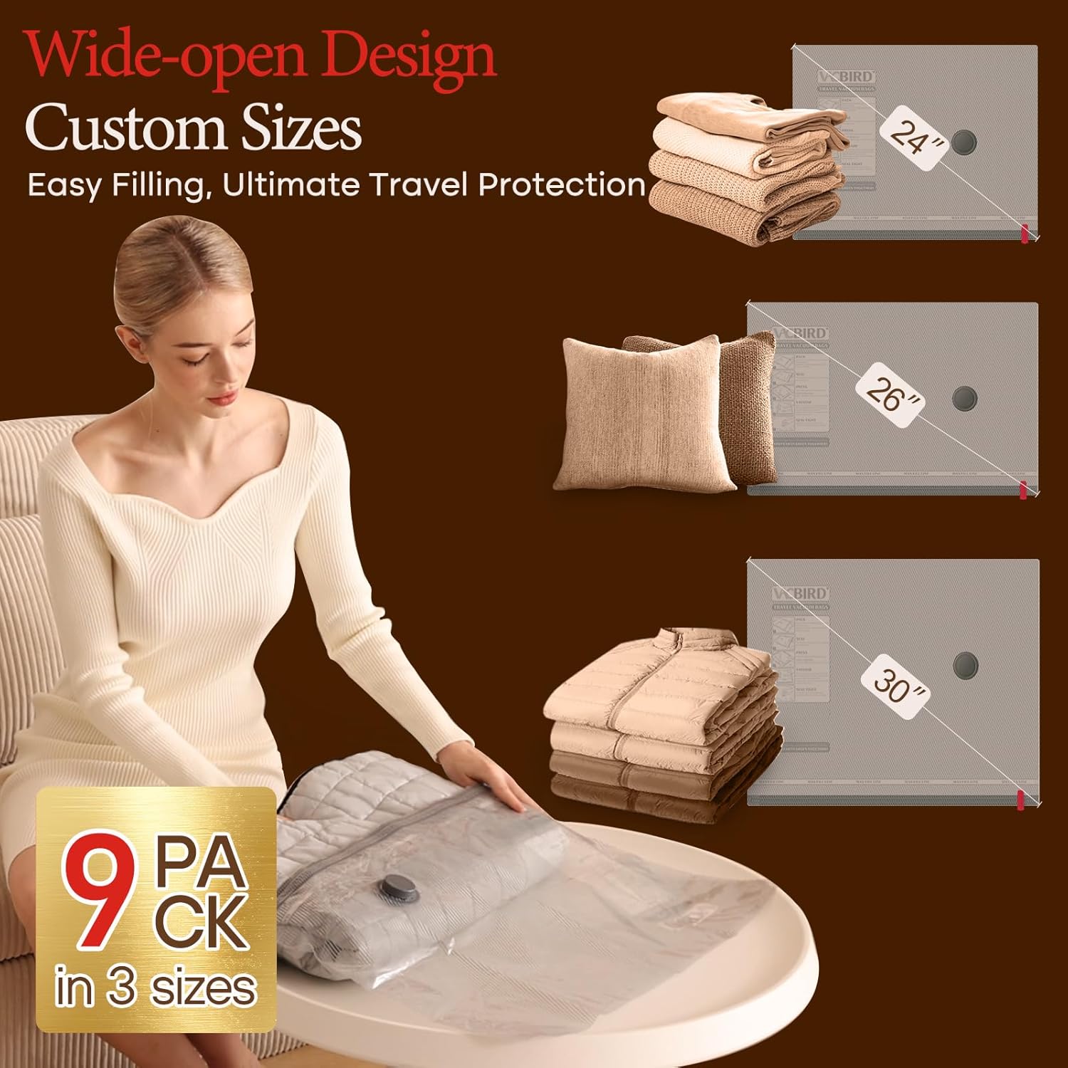 Thumbnail 2 de Vacbird Sacchetti Sottovuoto Vestiti con Pompa Senza Fili – 9 Pezzi (3x40x50, 3x40x60, 3x50x60) per Viaggio