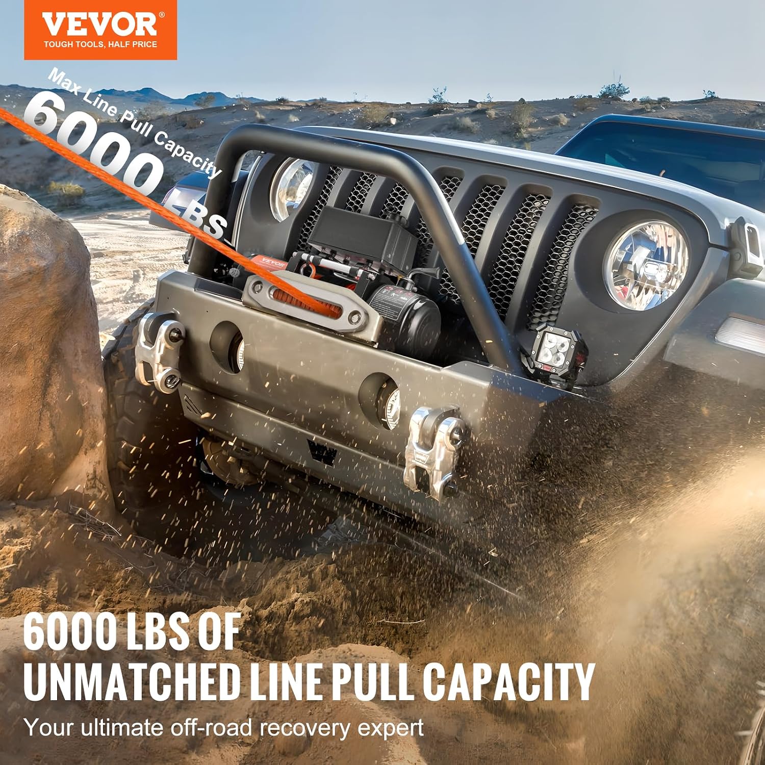 Detalle de VEVOR Electric Winch 6000 lb: 12V DC, Synthetic Rope, Wireless & Wired Remote