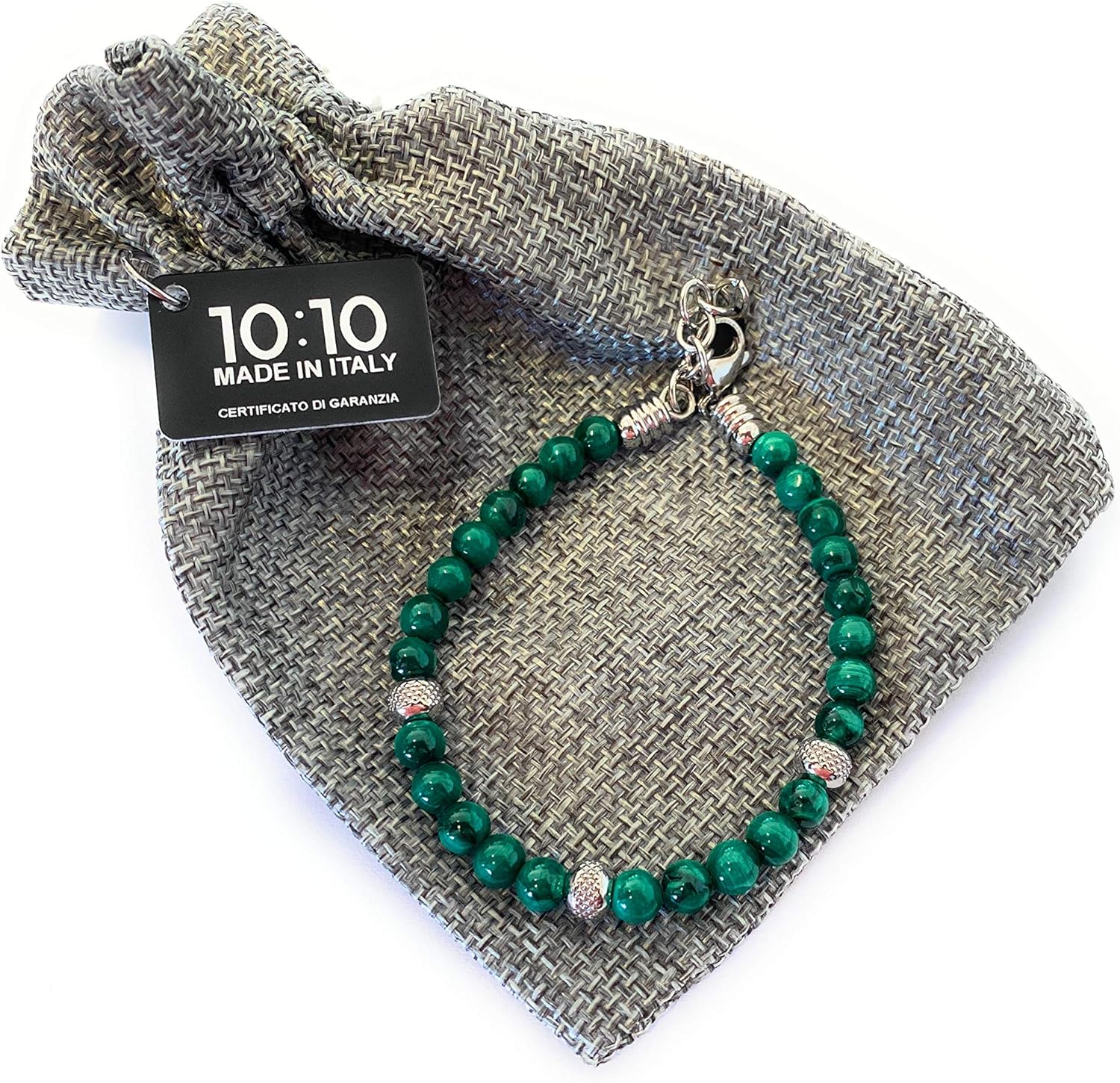 Detalle 2 de 10:10 Bracciale in acciaio inox con malachite naturale da 6 mm e perle in acciaio inox – design versatile, fattura italiana