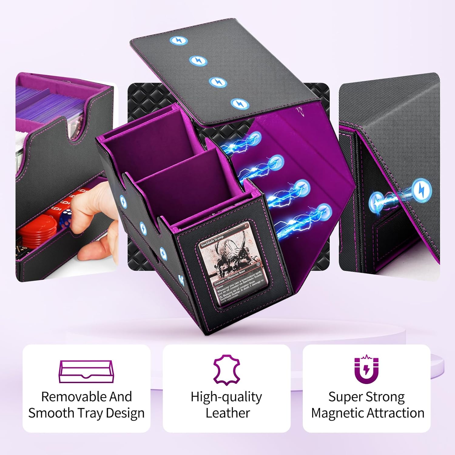 Detalle de UAONO MTG Deck Box with 2 Commander Display and Dice Tray – Double Deck Box for 250+ Sleeved Cards (Black & Purple)