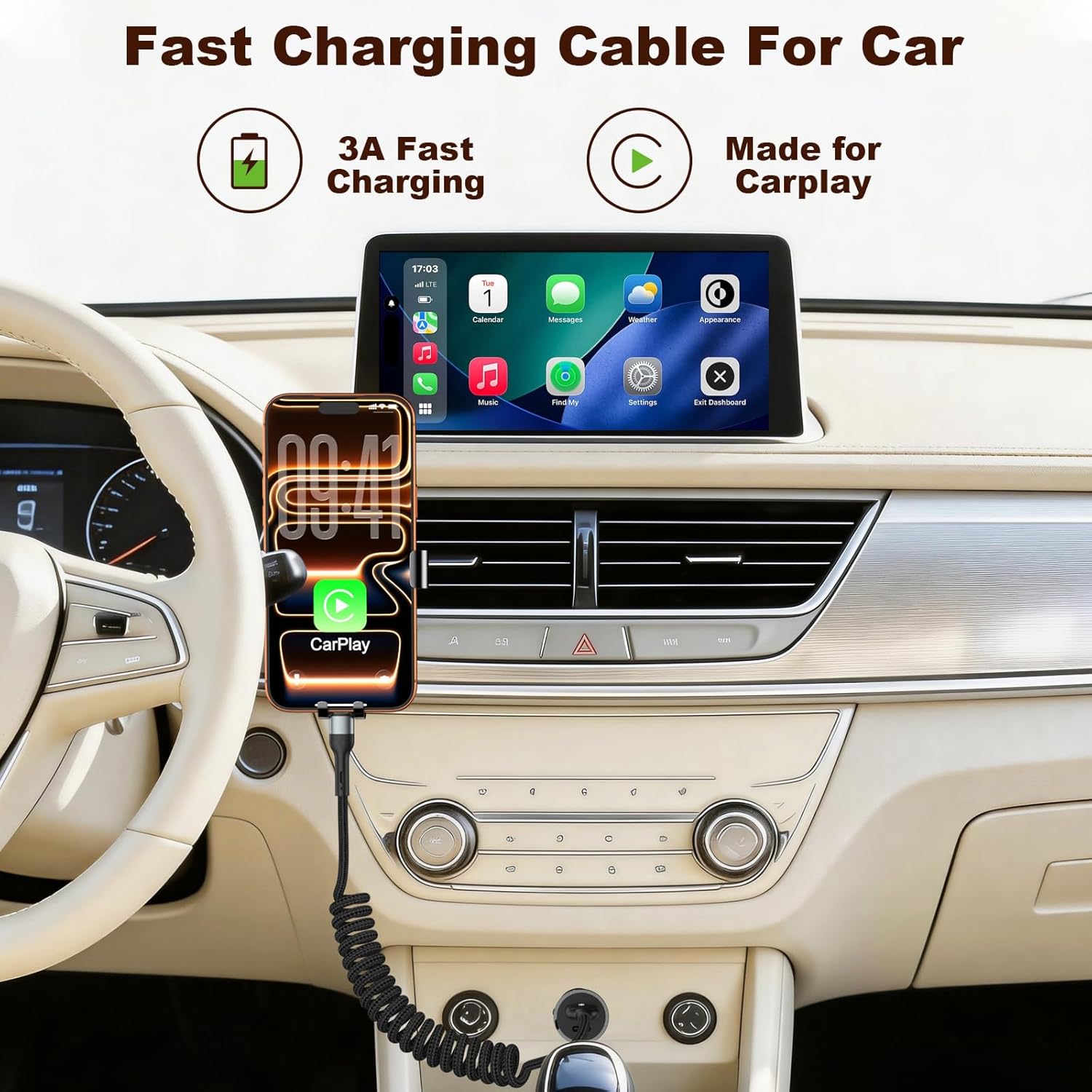 Thumbnail 1 de Eettvekd Coiled USB C Charger Cable for CarPlay – 3ft, 2-Pack (USB A to USB C) with 60W Fast Charging