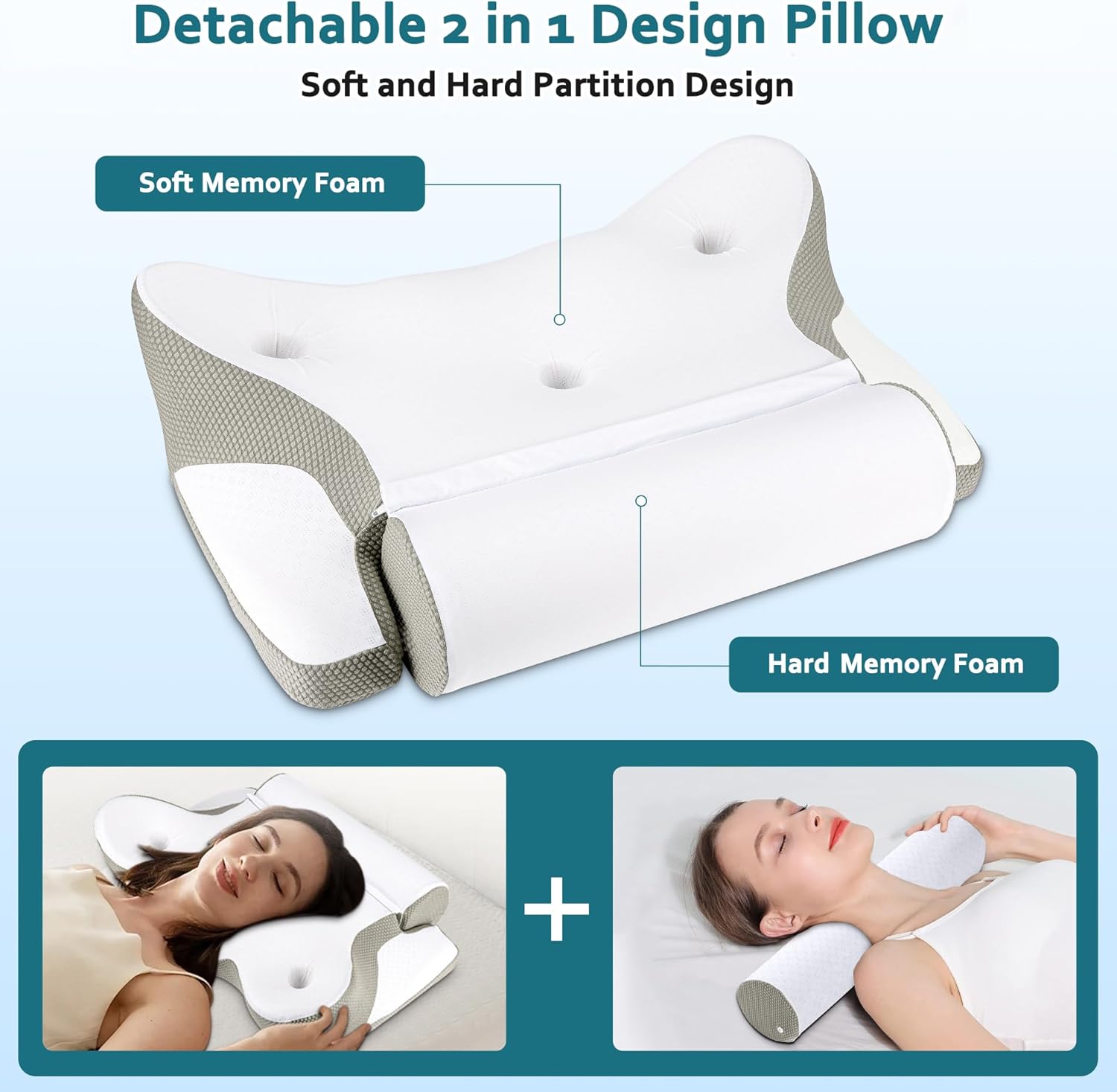 Thumbnail 2 de TopEsct Cuscino Cervicale 2 in 1 in memory foam per dormire (cuscino cervicale + cilindrico) grigio