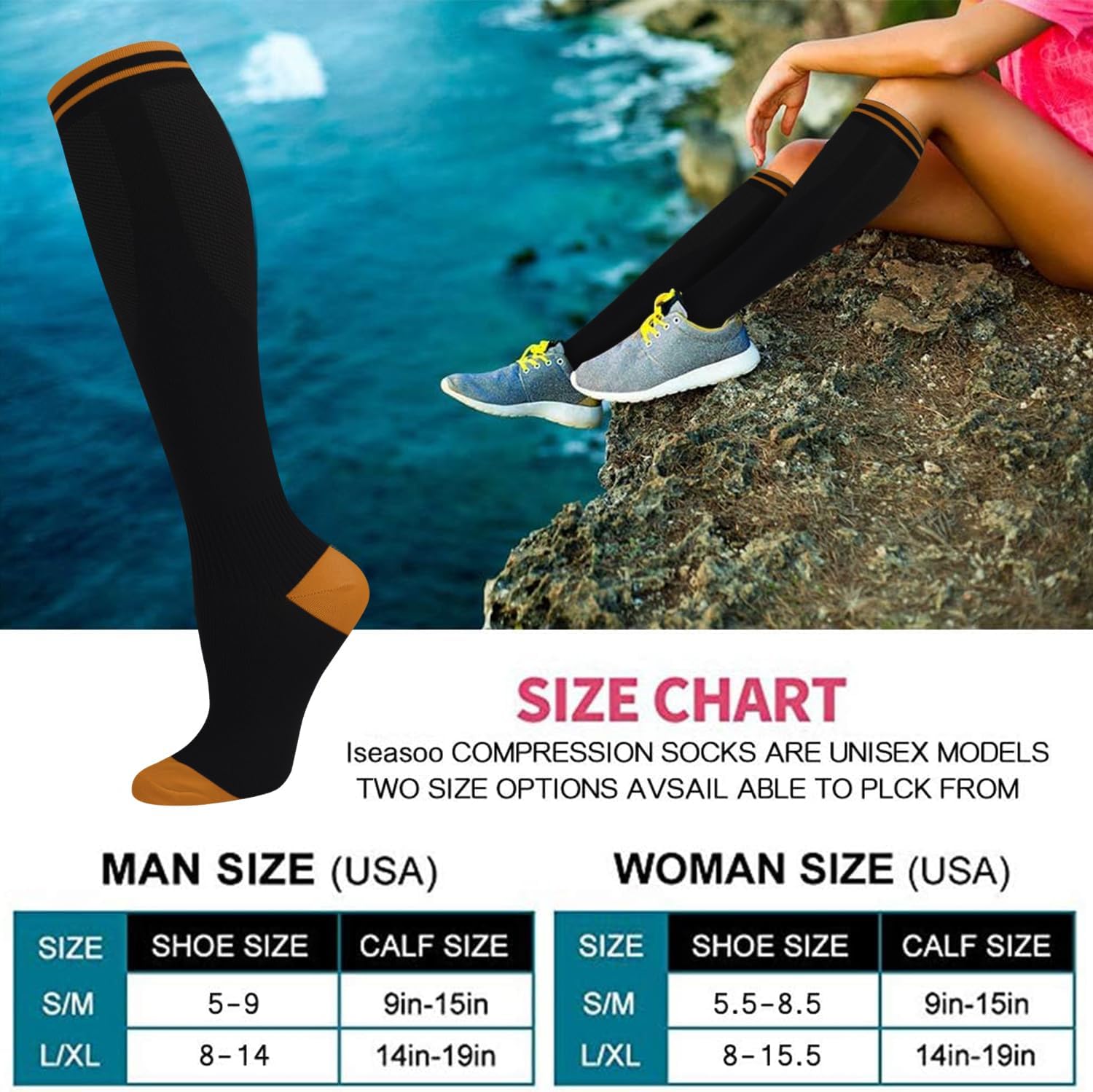 Detalle 2 de Iseasoo Copper Compression Socks, 15–20 mmHg, Knee-High, 8 Pairs