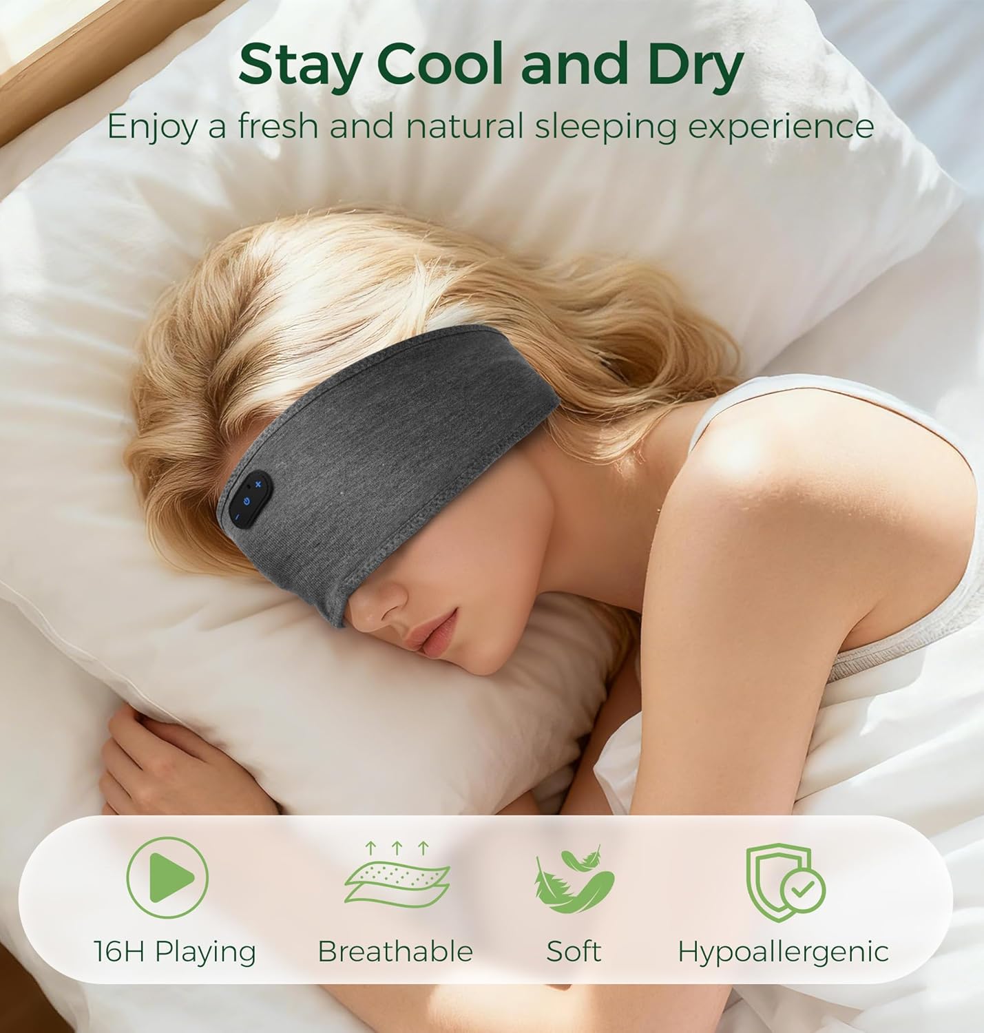 Thumbnail 2 de MUSICOZY Schlafkopfhörer aus Bambus-Baumwoll-Stoff – Bluetooth 5.4, 16 Std., Stirnband, ideal für Seitenschläfer, Yoga und Reisen