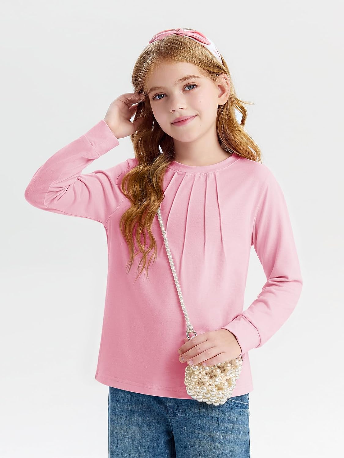 Detalle de Haloumoning meisjesshirt met lange mouwen, ronde hals en effen kleur