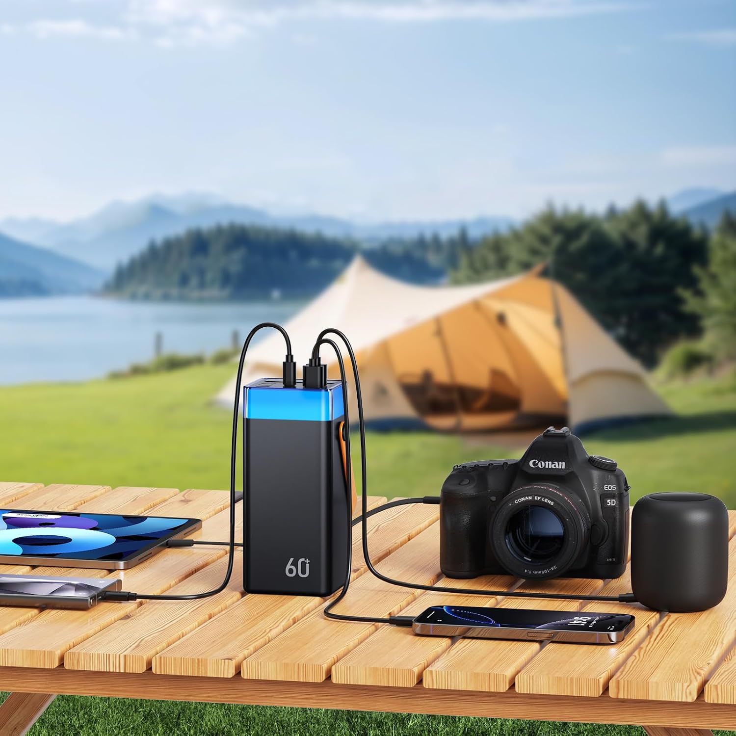 Detalle de Batterie Externe 60000mAh avec Charge RapidePD 22,5W et 3 Câbles Intégrés – Orange