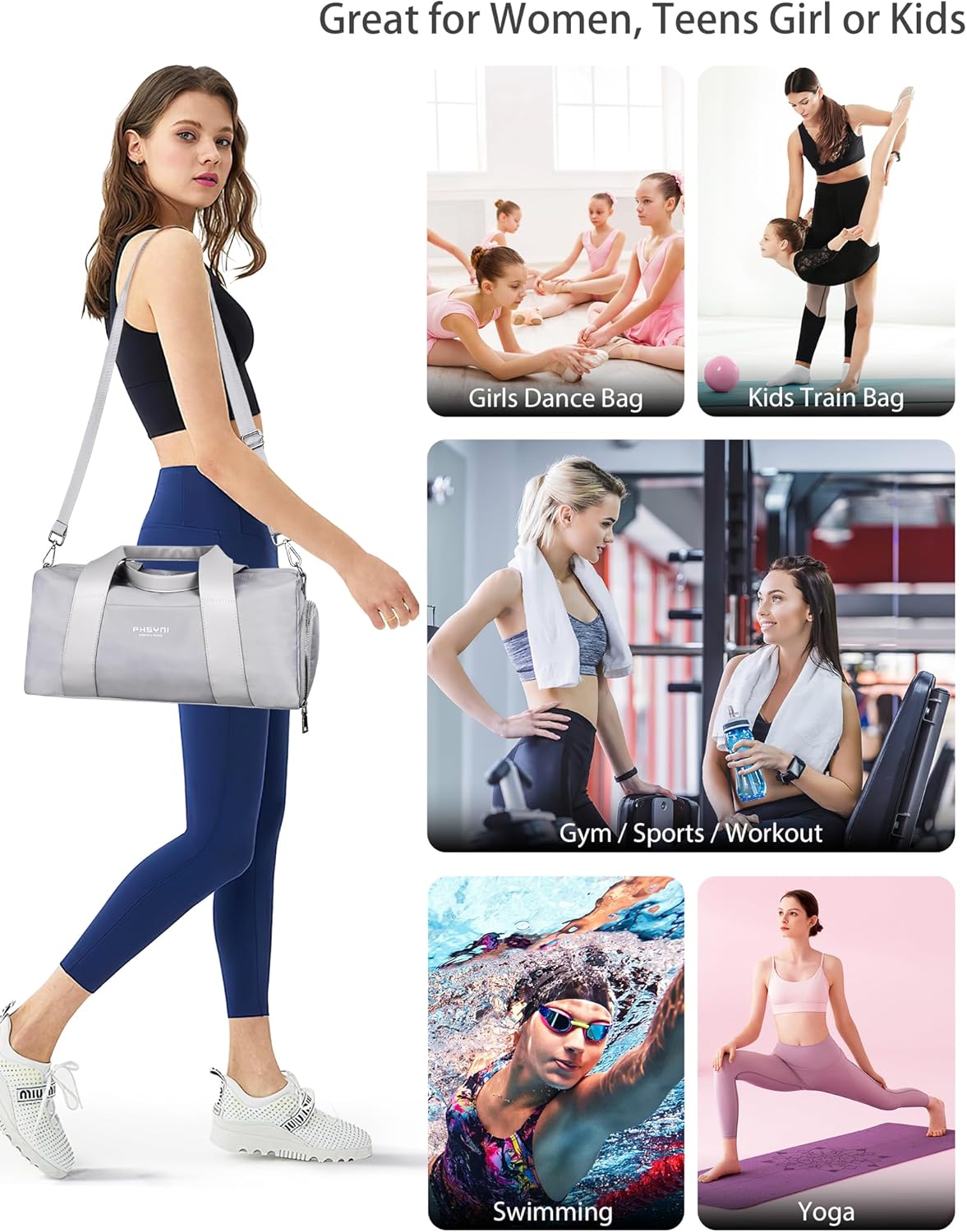 Detalle 2 de Sac de sport et de voyage 16 pouces pour femmes et enfants – 15 L avec compartiment chaussures et poche humide