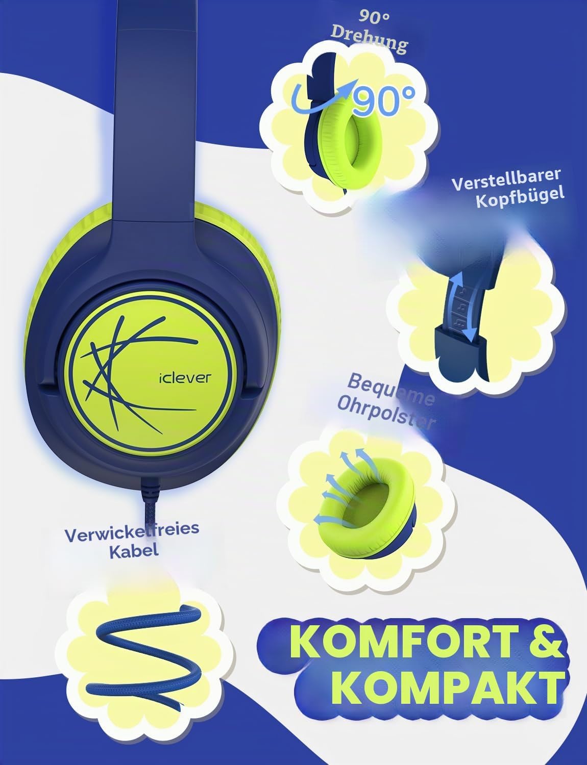 Thumbnail 3 de iClever Kinderkopfhörer mit Kabel (85 dBA) – faltbar, Stereo-Sound, 3,5-mm für iPad & Tablets, Blau-Grün