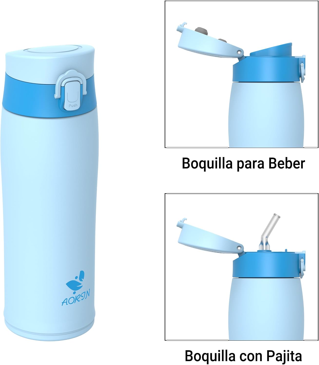 Detalle 2 de AORIN botella 500ml acero 18/8 con 2 tapas