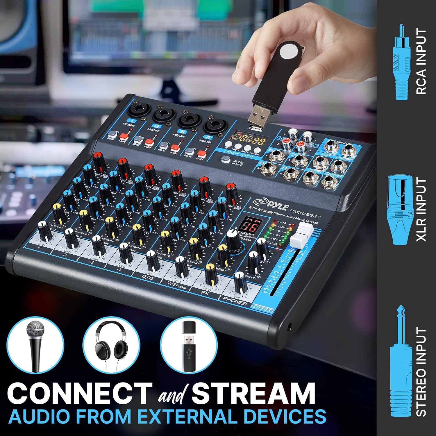 Detalle de Pyle PMXU83BT.5 8-Channel Bluetooth Studio Mixer with USB Recording and DSP FX